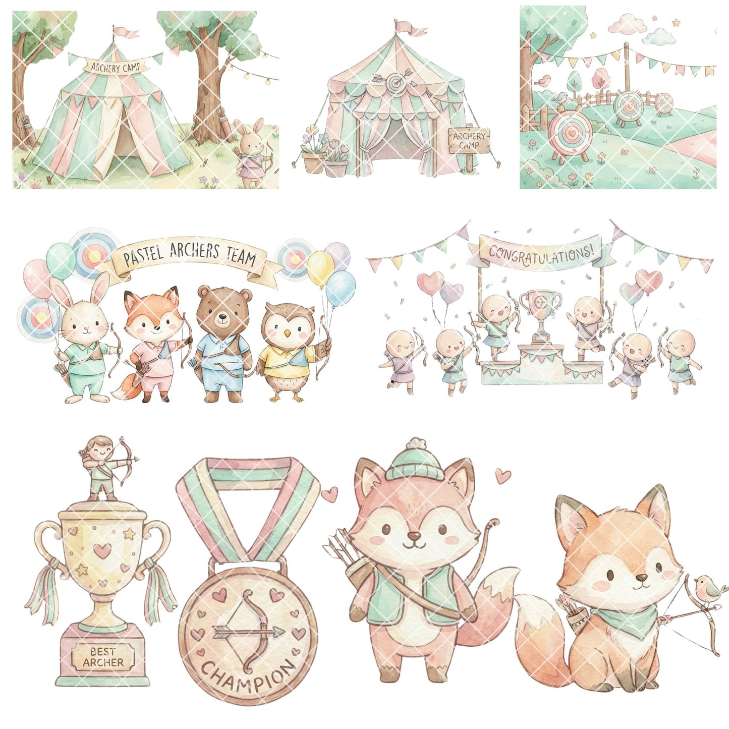 Archery Clipart Bundle – 40 Pastel PNG Files | Kids Archery, Targets, Bows & Adventure Graphics