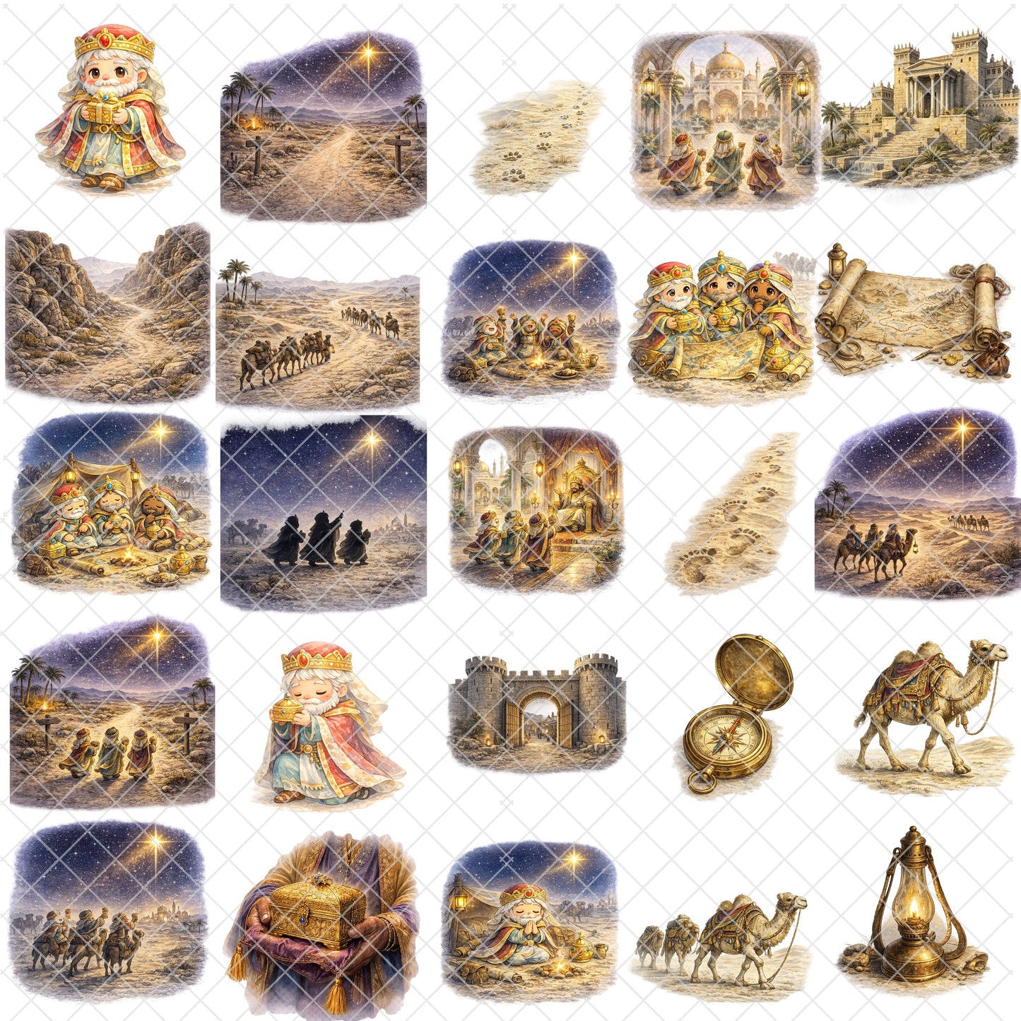 Wise Men Journey Watercolor Clipart PNG Bundle – 60 Nativity Graphics, Three Kings, Camels & Christmas Bible Art