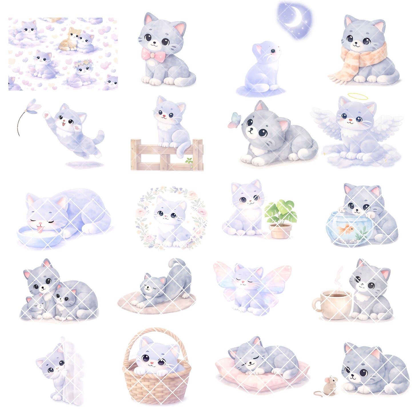Cute Cat Watercolor Clipart PNG | Kawaii Kitten Pastel Art | Nursery & Planner Cats | Scrapbook Pet Graphics | Commercial Use