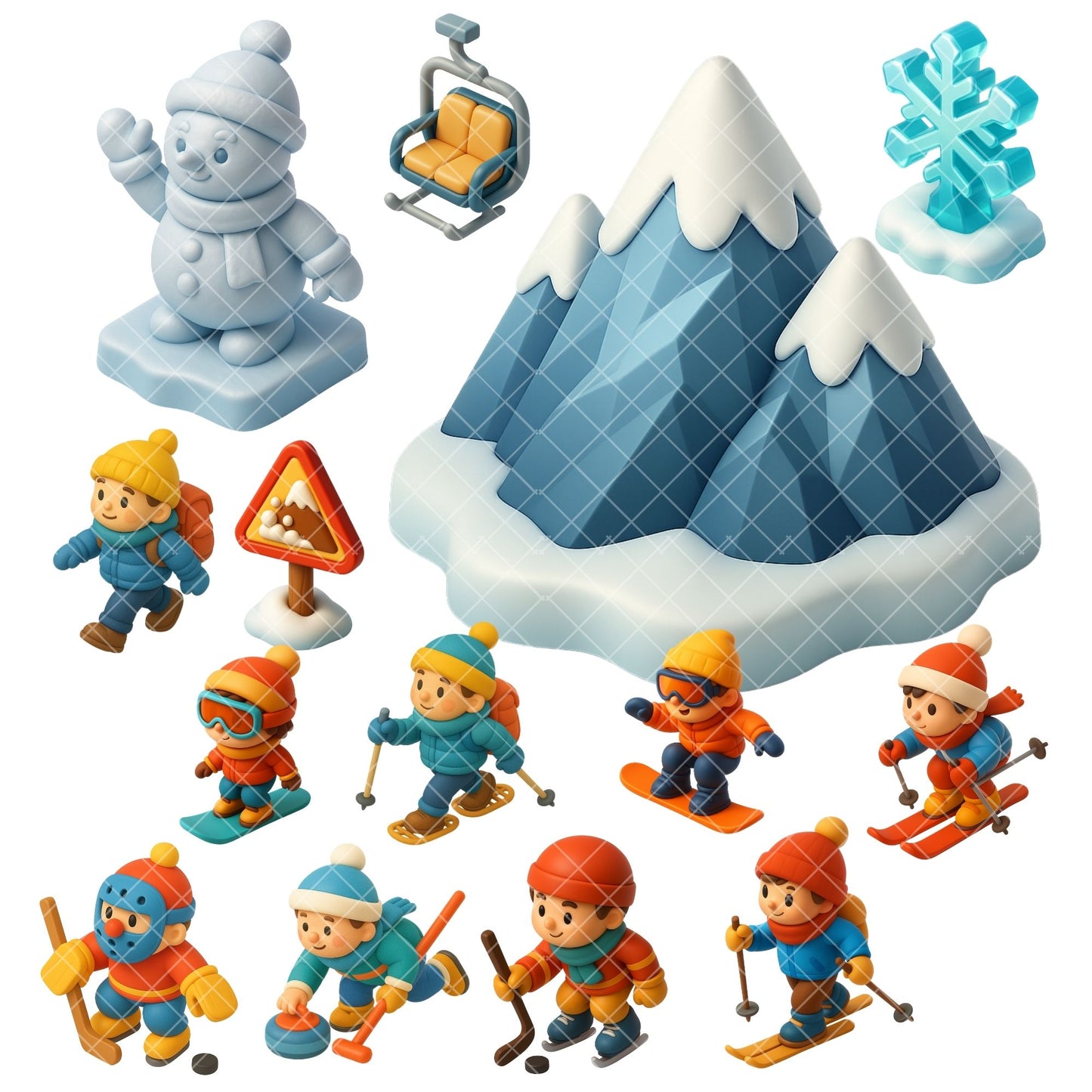 Winter Sports Clipart – 3D Snow Activities PNG, Kids Skiing & Ice Skating, Winter Clipart Bundle (60 Files)