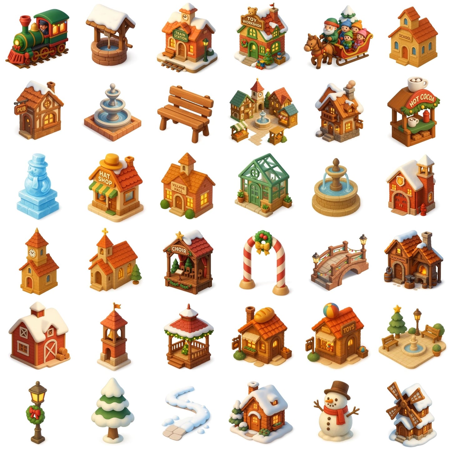 Christmas Village Clipart, 3D Holiday Town PNG Bundle, Winter Houses Shops Lampposts, Festive Decor Set (54 PNG)