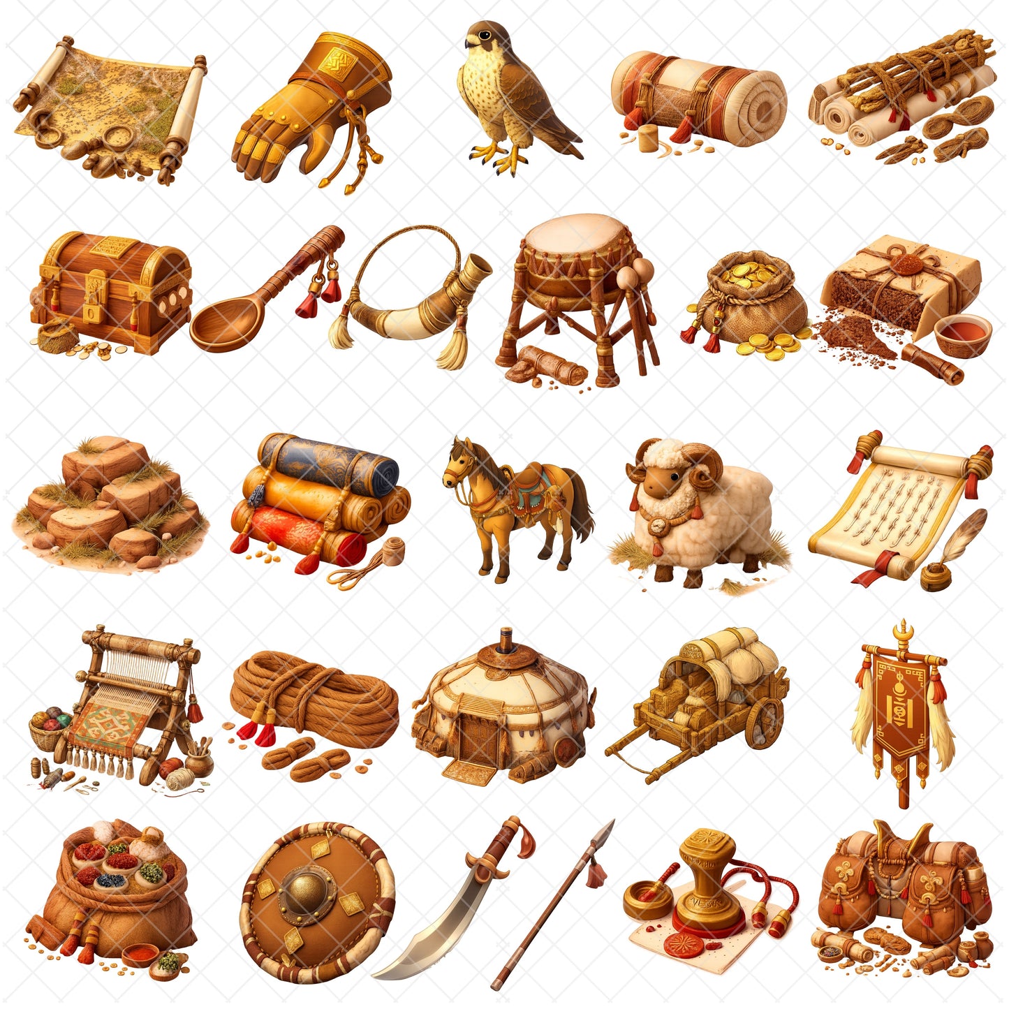 Mongol Empire Clipart Bundle – Warriors, Horses & Nomadic Life PNG, Ancient History Classroom Graphics, Educational 3D Art, 52 PNG