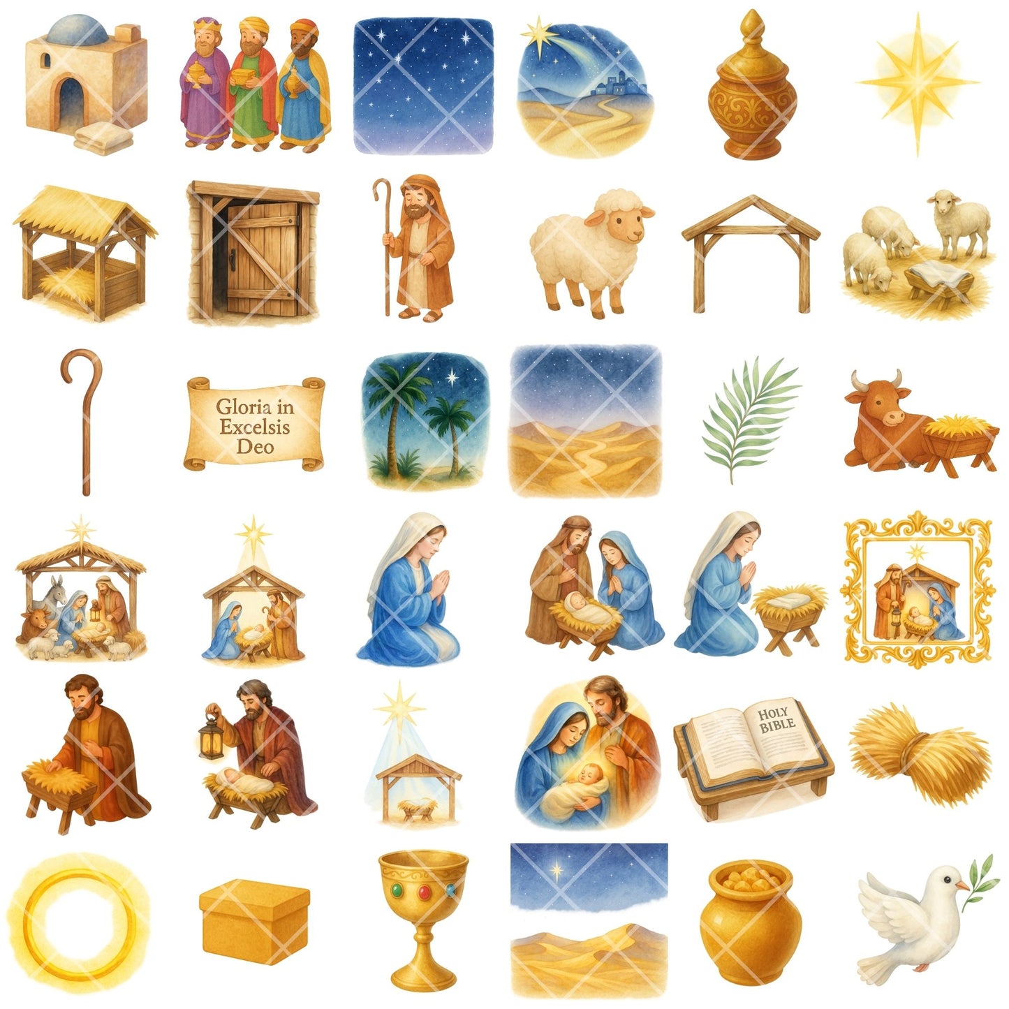 Watercolor Nativity Clipart, Christian Christmas PNG Set, Holy Family Wise Men Angels, Religious Art (55 PNG)
