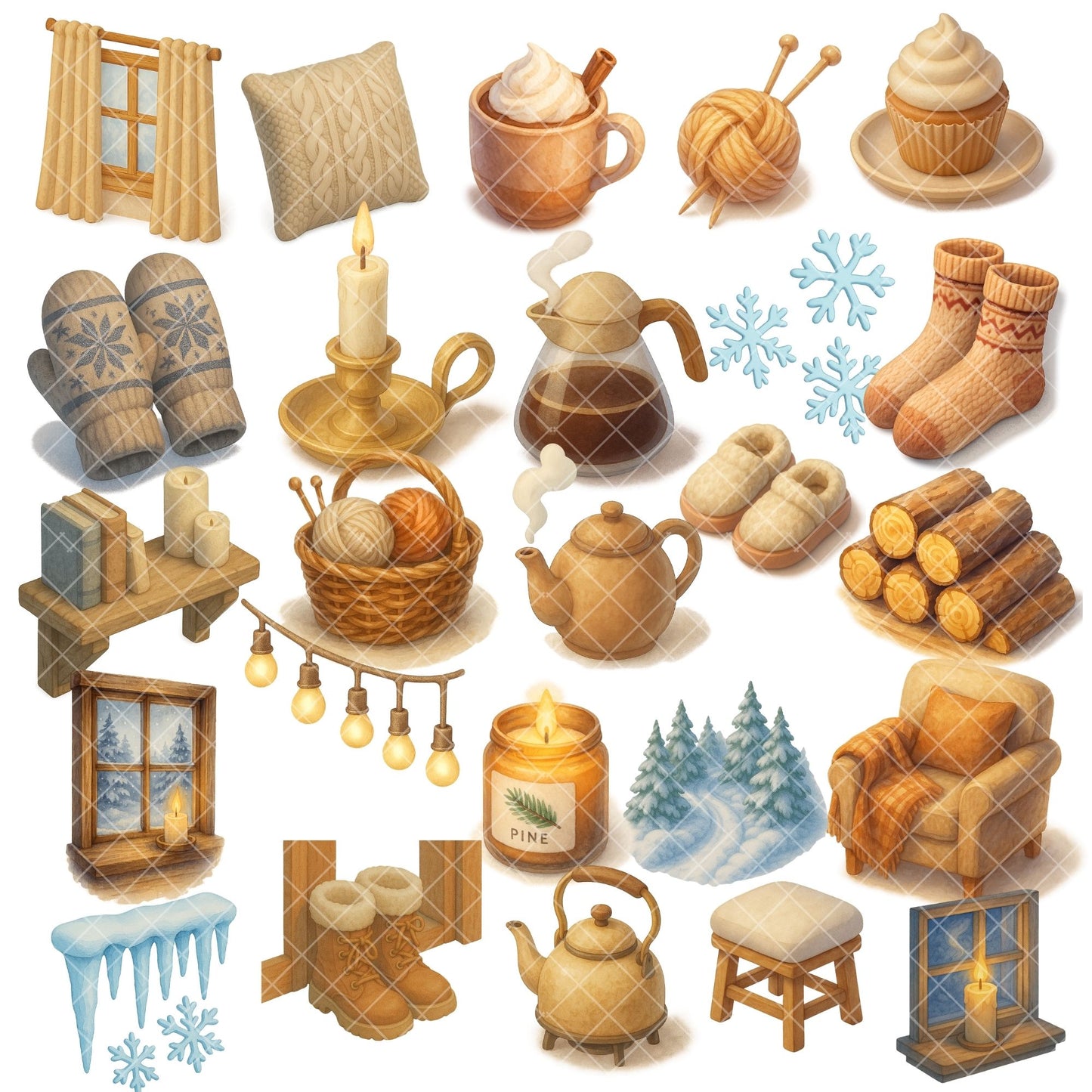 Nordic Winter Hygge Clipart – Cozy Cabin Watercolor PNG Bundle | Scandinavian Winter, Candles, Tea, Slippers (57 Files)