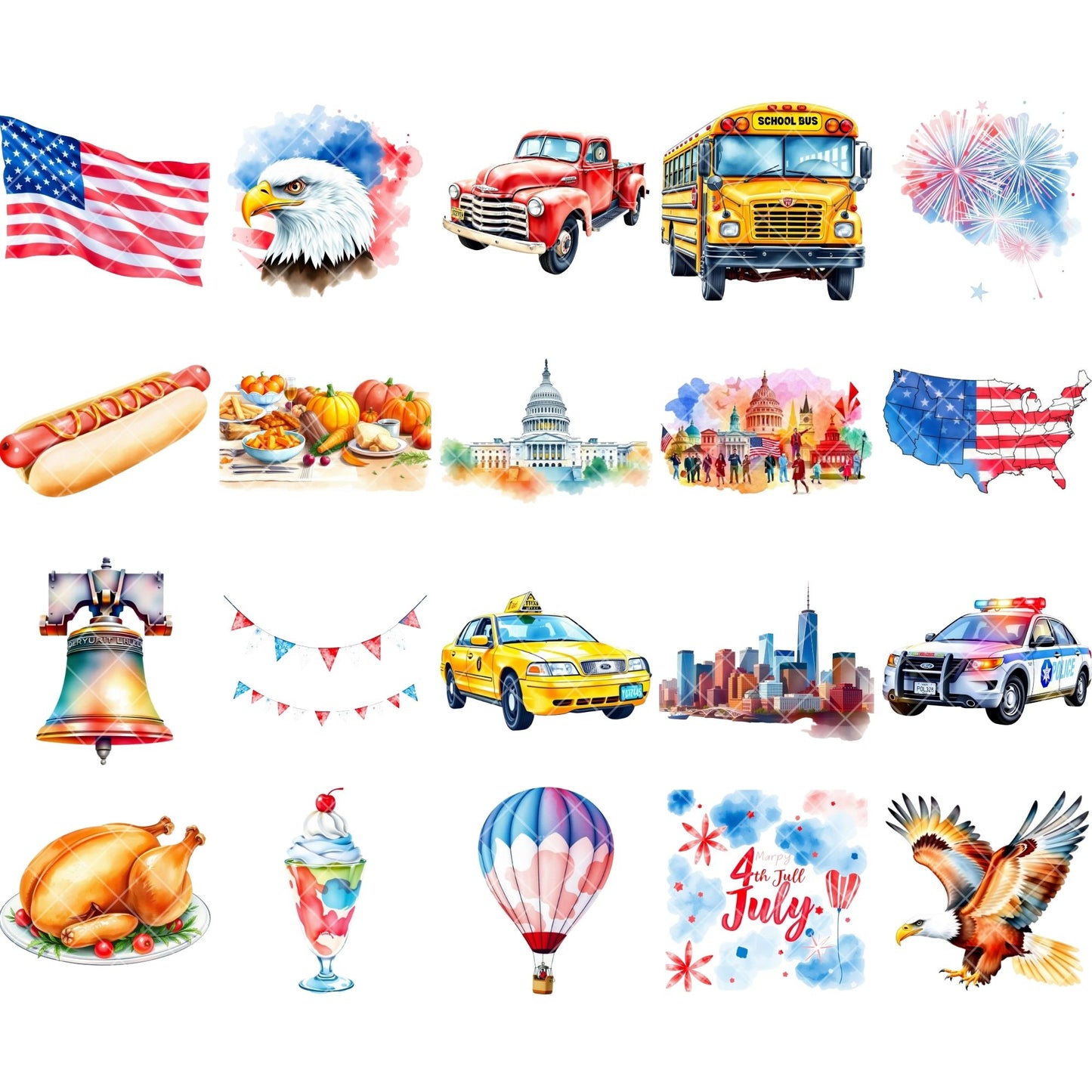 USA Watercolor Clipart PNG | Patriotic American Icons | Fourth of July Clipart | USA Culture Art | Commercial Use