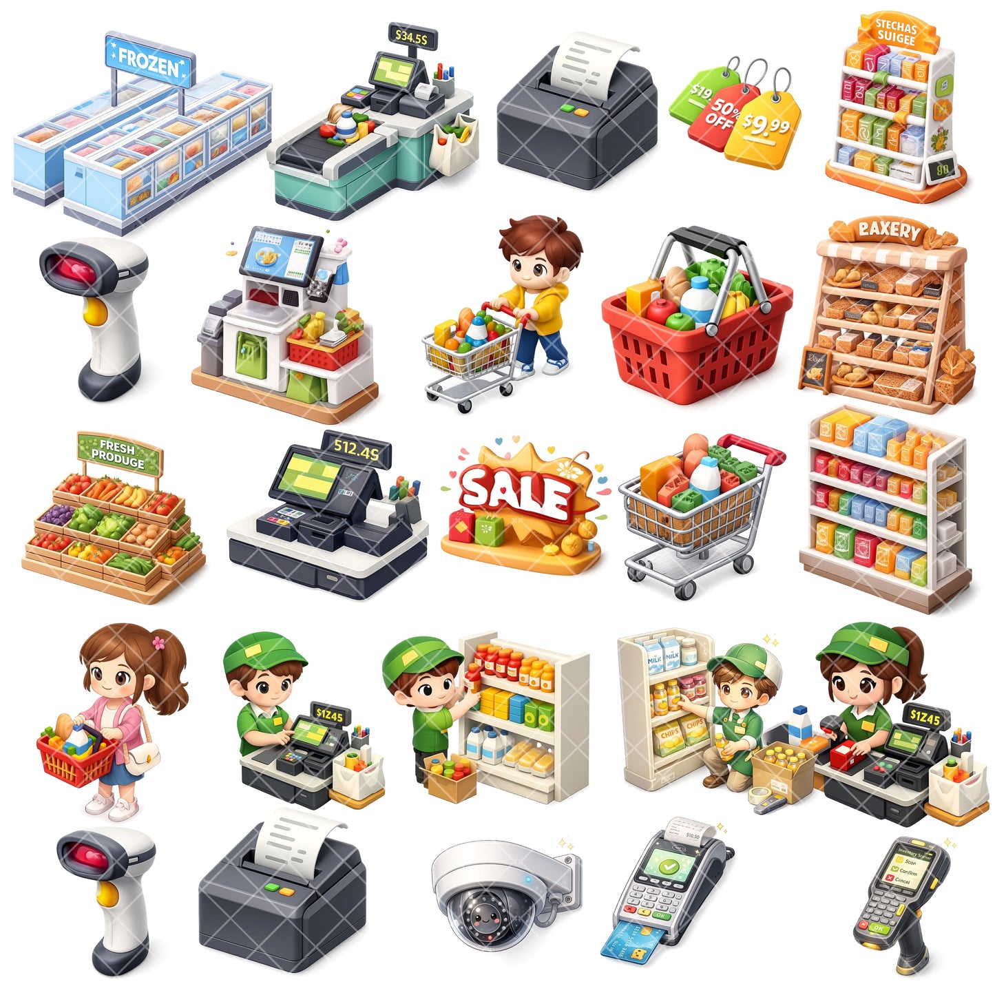 Retail Cashier Clipart Bundle – 3D Supermarket PNGs (47 Files) – Checkout Counter, POS System, Staff & Financial Literacy Graphics