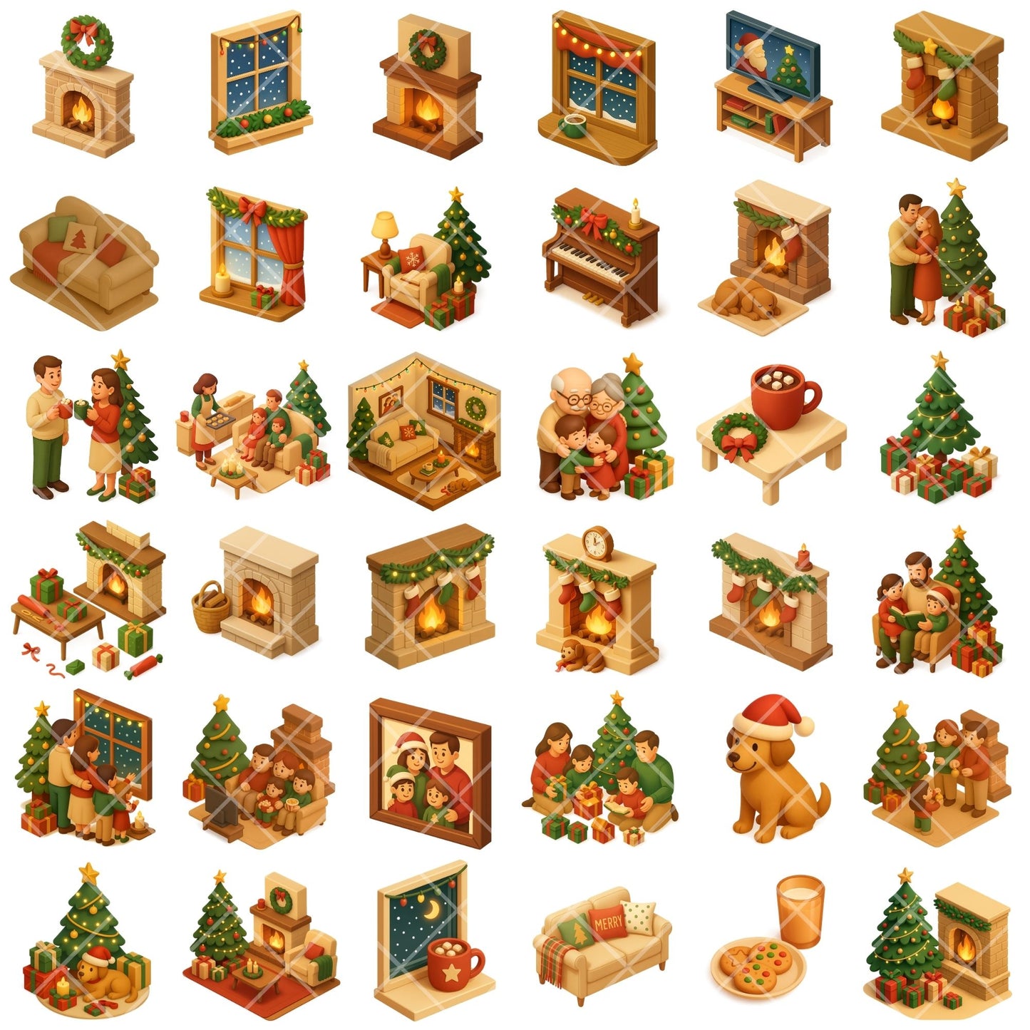 Christmas Family Clipart PNG | Cozy Holiday Living Room Scenes | Festive Home Christmas Art | Winter Family PNG | Commercial Use