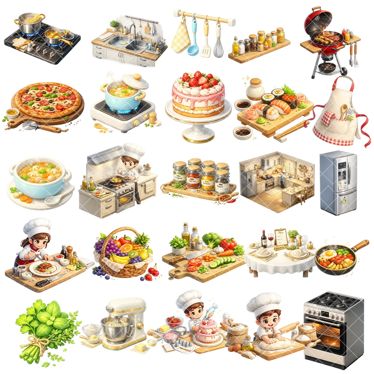 Chef Clipart Bundle – 3D Isometric Cooking PNGs (47 Files) – Cute Kitchen Graphics, Baking & Recipe Design