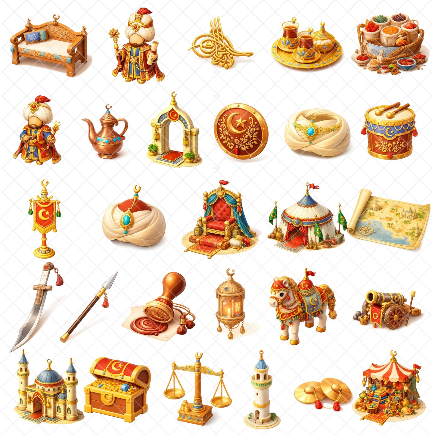 Ottoman Empire PNG Clipart Bundle, Turkish Sultan & Warrior Art, Medieval Castle Camel Market Graphics, Islamic History, Commercial Use, 55 PNG