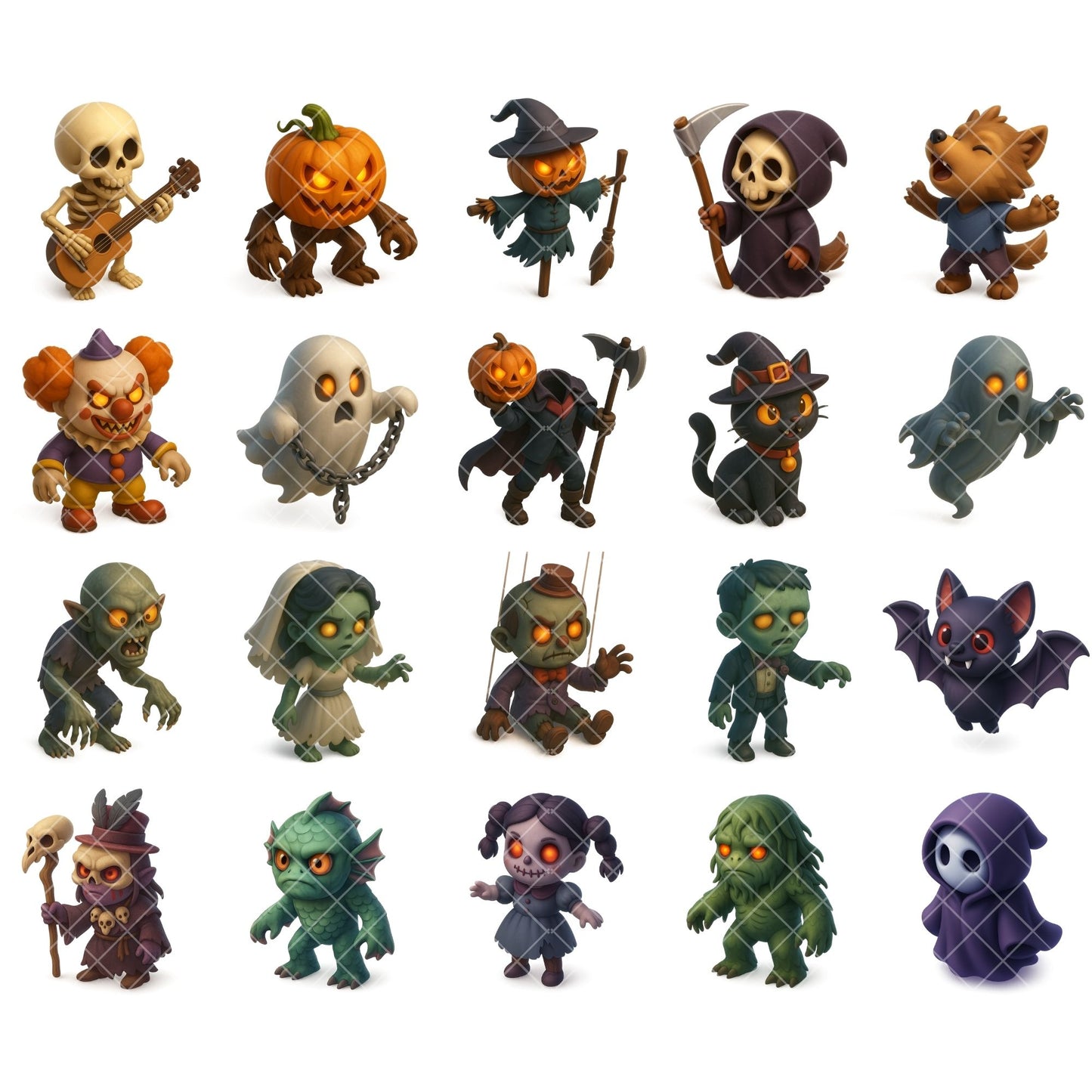 Halloween Clipart Characters – Spooky Cute Witches, Ghosts & Monsters PNG | 3D Halloween Art (54 Files)