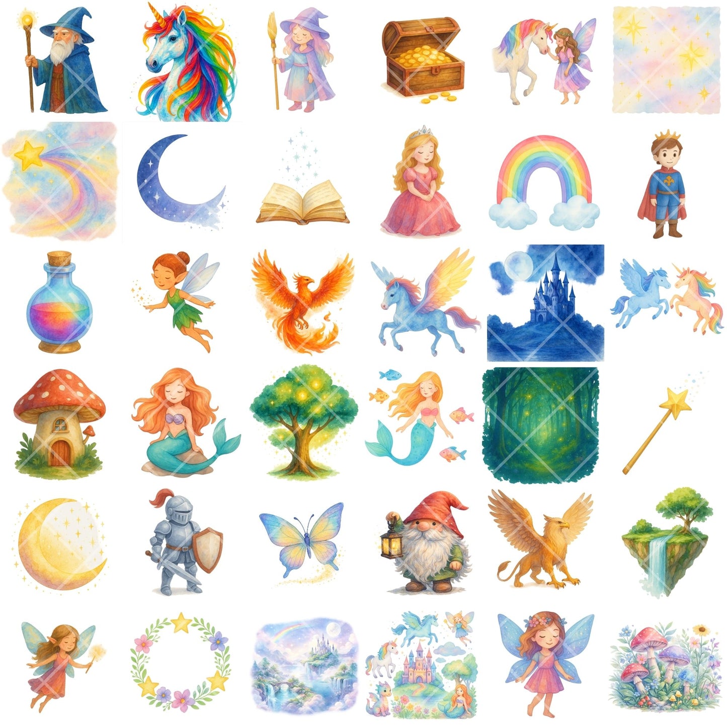 Fairytale Watercolor Clipart PNG | Magical Creatures Fantasy Set | Unicorn Mermaid Fairy Dragon Art | Kids Crafts | Commercial Use