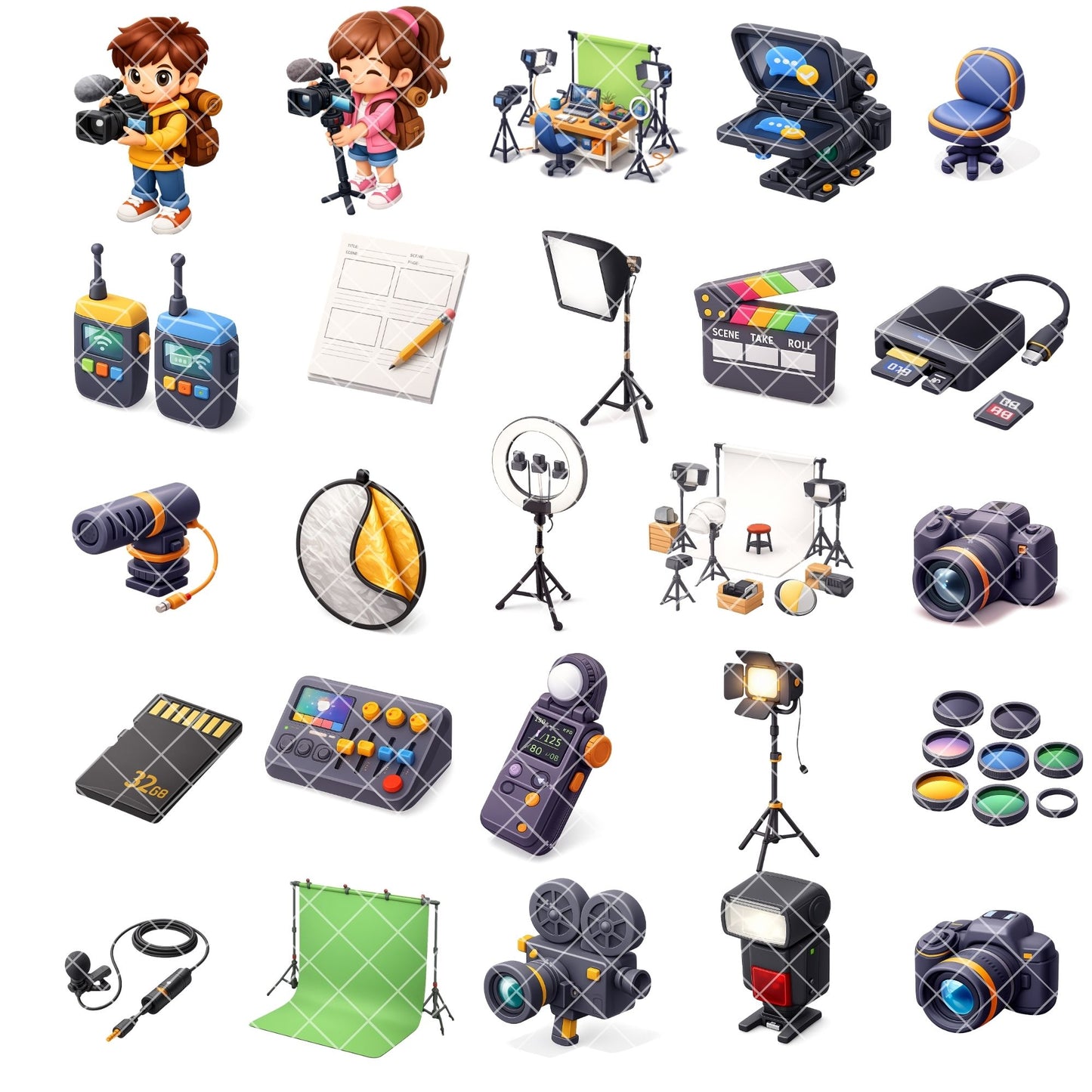 Photographer and Videographer PNG Clipart, Camera & Video Creator Graphics, Studio Equipment Art, Digital Stickers, Commercial Use, 50 PNG