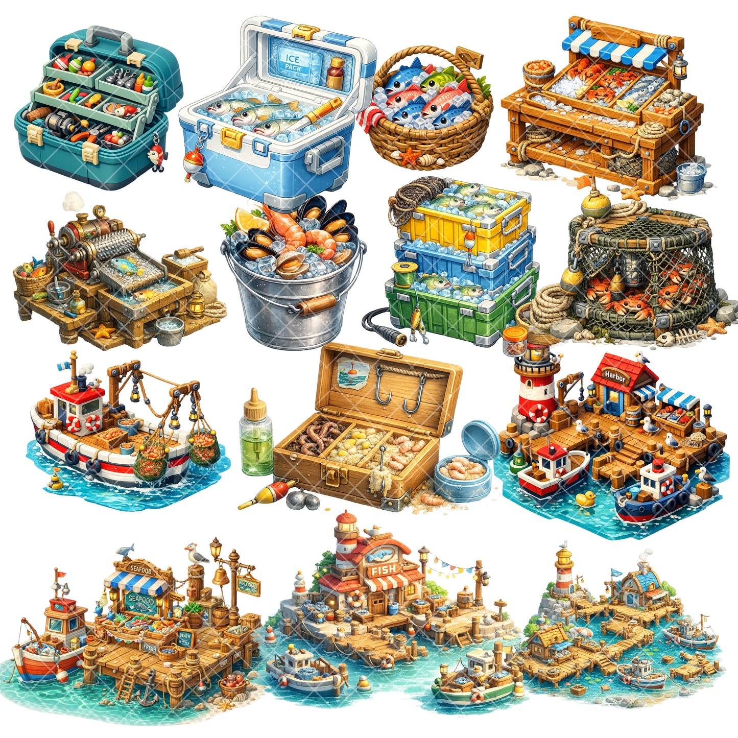 Fisherman Clipart Bundle – 3D Isometric Fishing Village PNGs (44 Files) – Nautical Boats, Docks & Coastal Graphics
