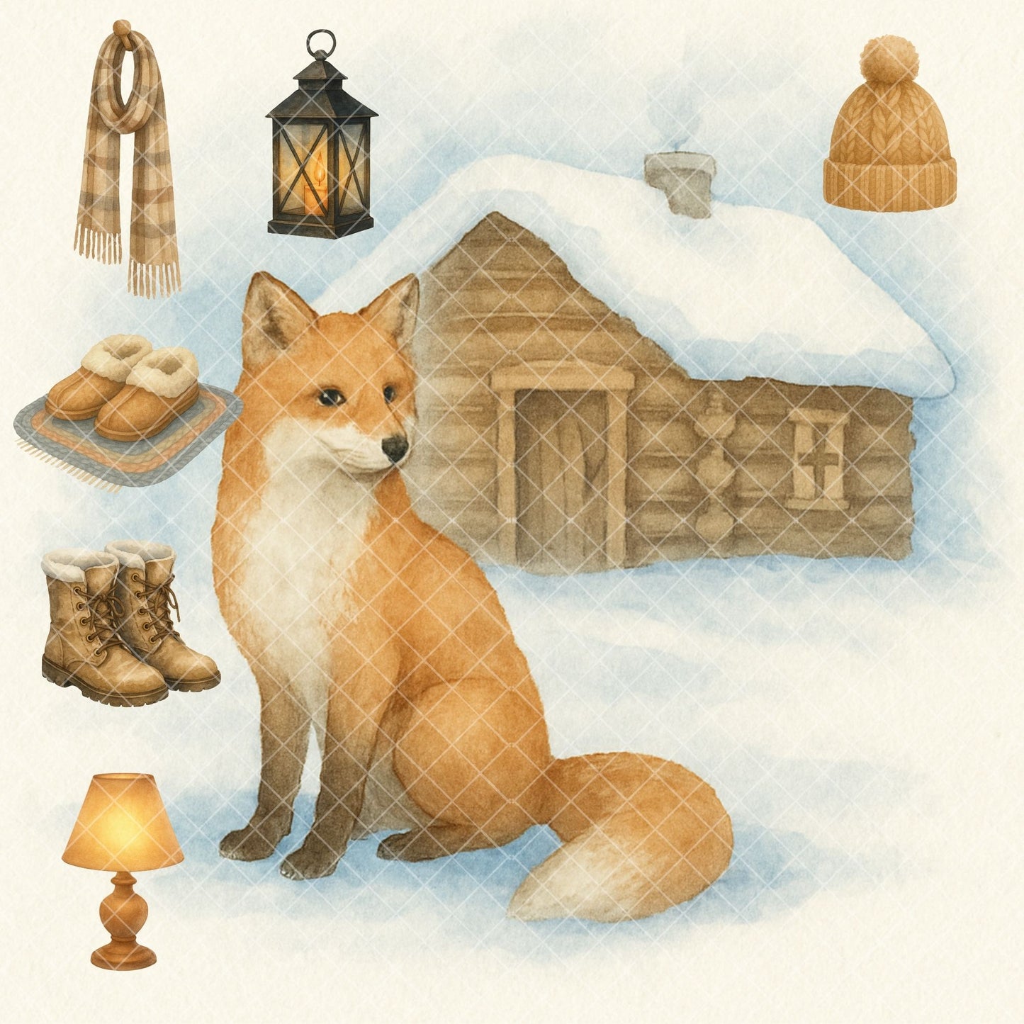 Winter Village Watercolor Clipart – Cozy Cabin Snow PNG Bundle, Rustic Christmas Winter Scenes (53 Files)
