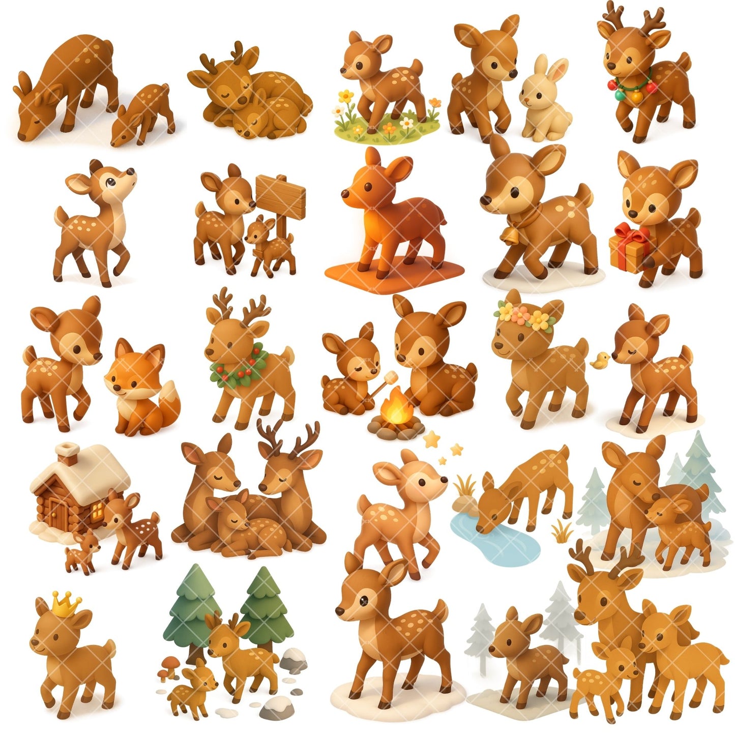 Deer Fawn Clipart – 3D Woodland Animal PNG Set, Cute Baby Deer Nursery & Winter Illustrations (50 Files)