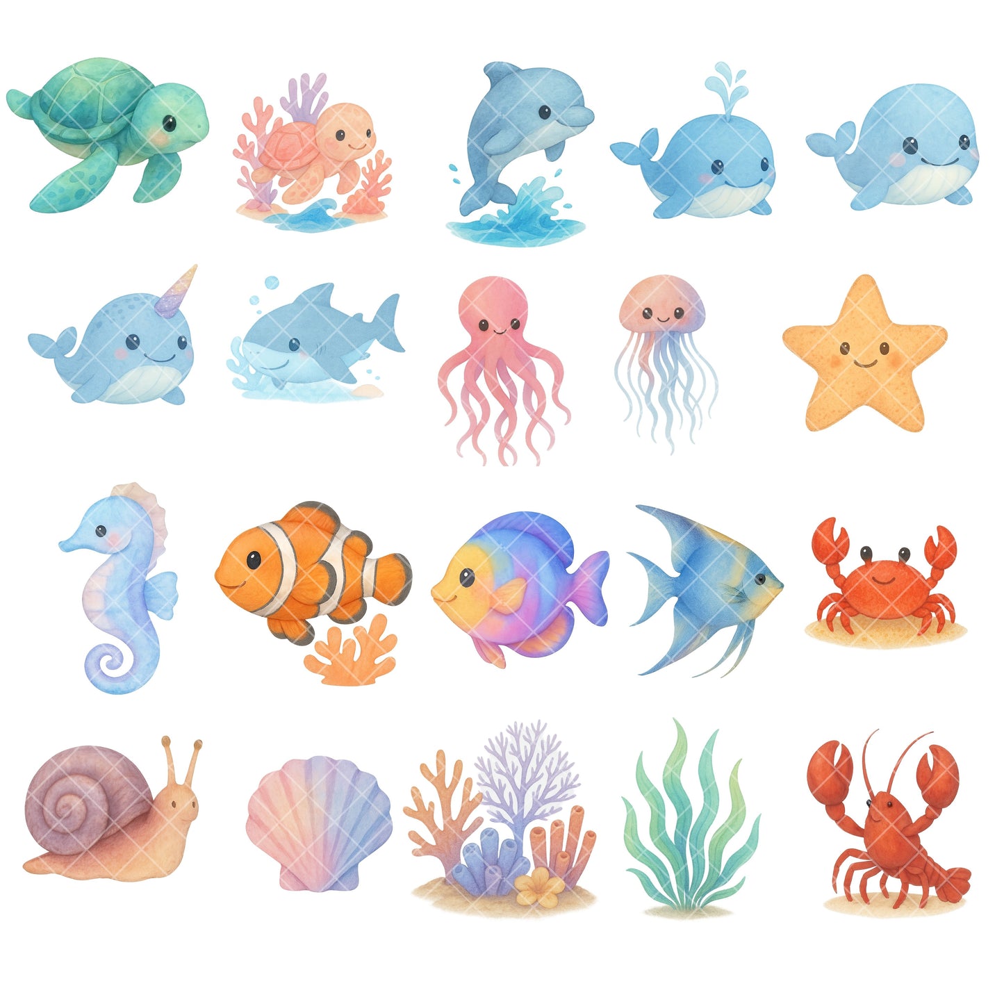 Sea Animals Clipart Bundle | Ocean Friends PNG | Cute Marine Life Watercolor | Under the Sea Kids Clipart | Coral, Pirate Ship, Beach Art