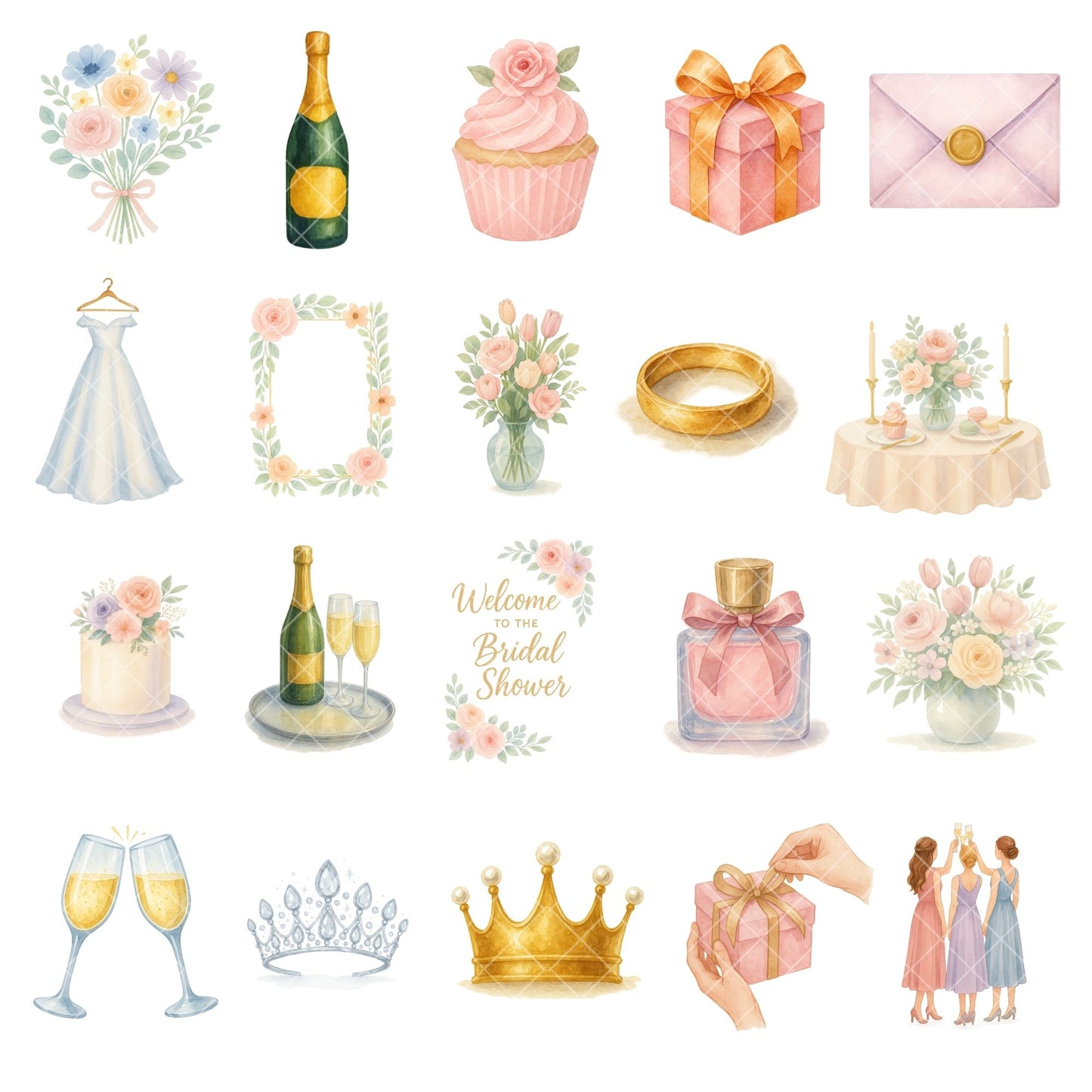 Bridal Shower Clipart Watercolor – Floral Champagne & Wedding Dress PNG | Romantic Wedding Party Art (55 Files)