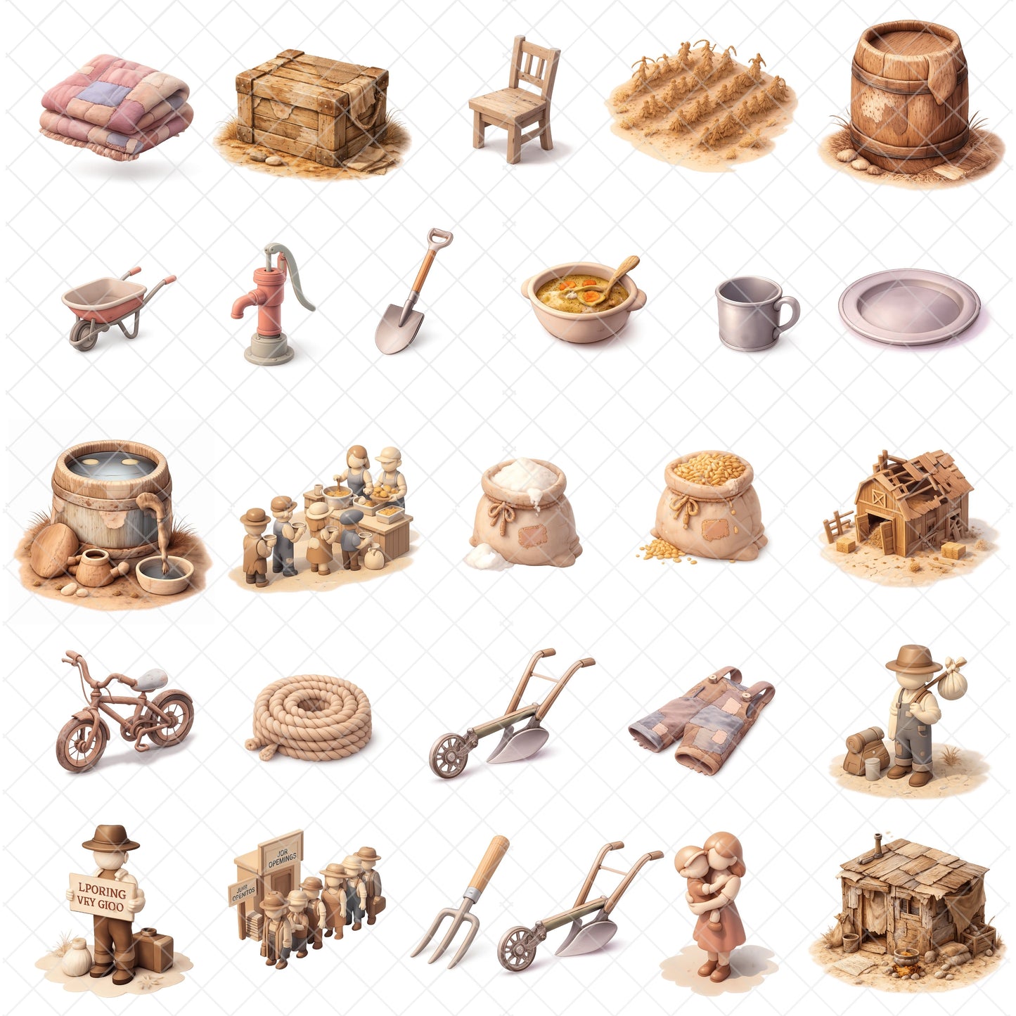 Great Depression 3D Clipart PNG Bundle – 55 Historical 1930s Graphics for History Class & Homeschool Lessons