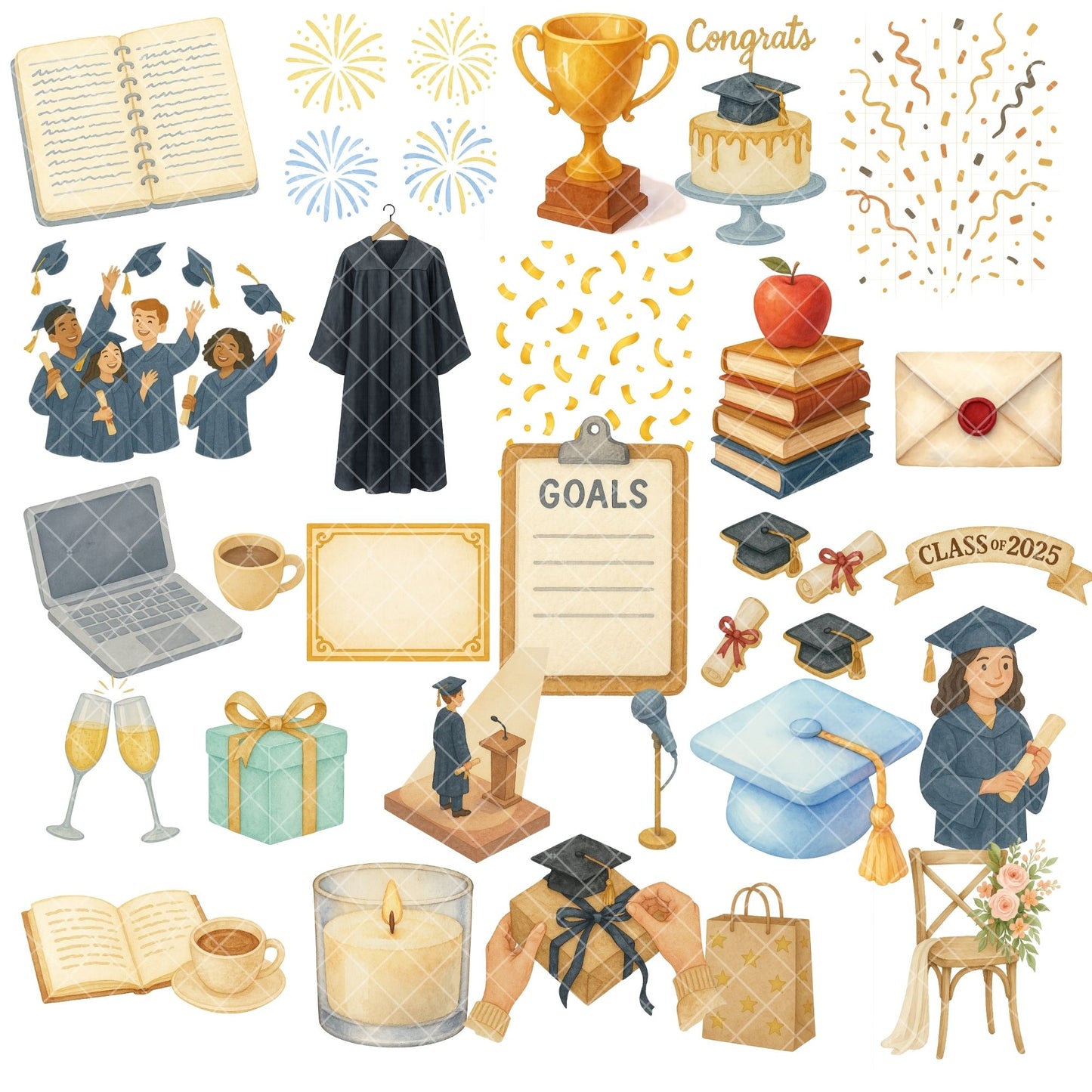 Graduation Watercolor Clipart Bundle – Class of 2025 PNGs, Cap & Diploma Grad Party Art (54 Files)