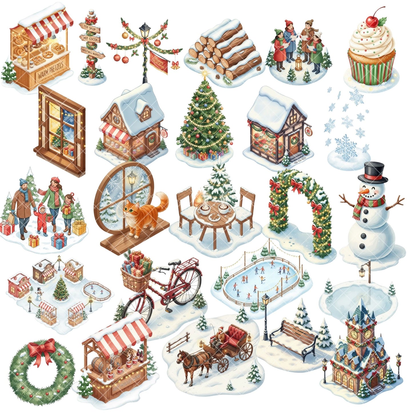 Winter Village Watercolor Clipart – Christmas Market PNG Set, Holiday Town Scene, Snowy Village Illustrations, 62 PNG Files