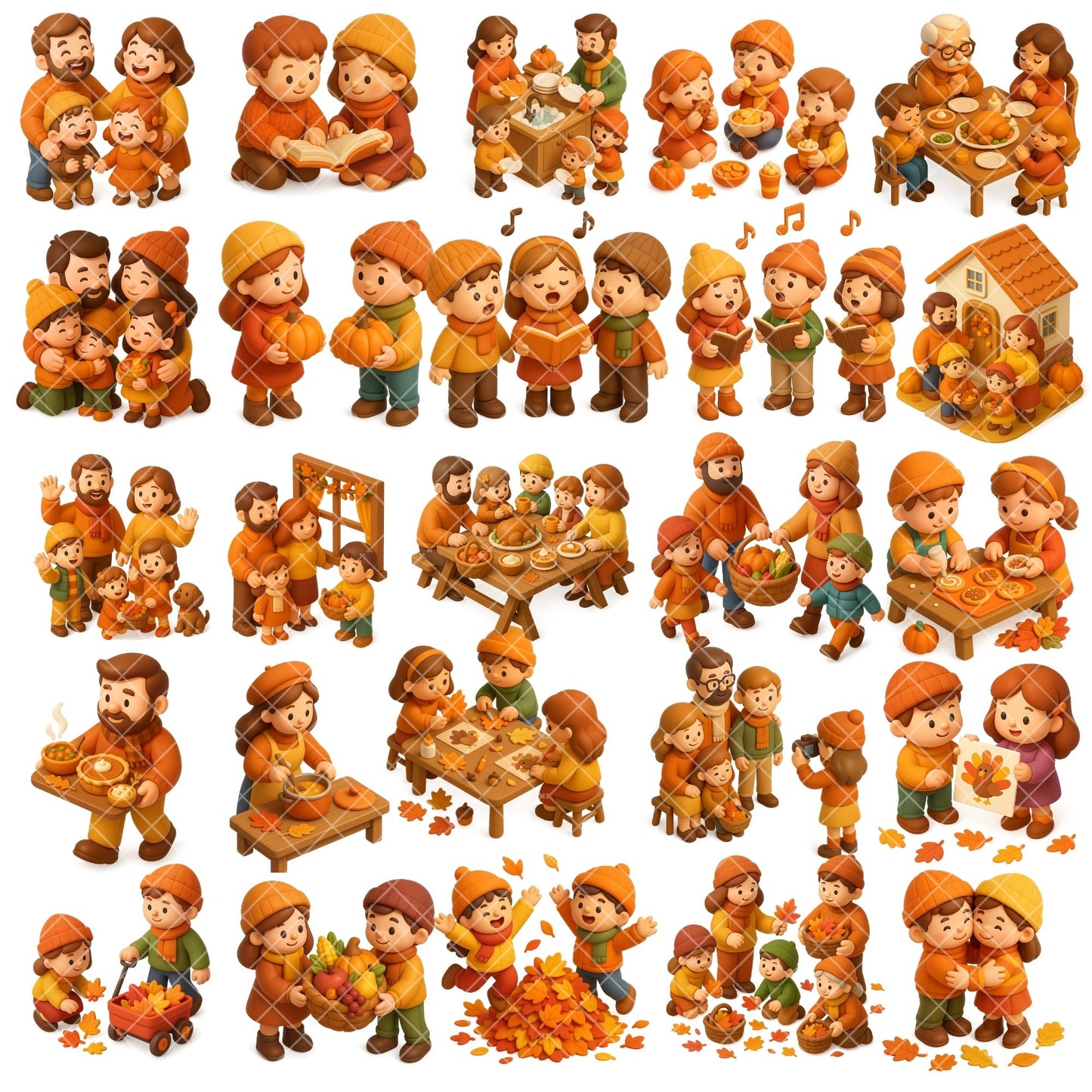 Thanksgiving Family Clipart | 3D Autumn Dinner PNG | Fall Family Activities | Cute Thanksgiving PNG | 55 Files Digital Download
