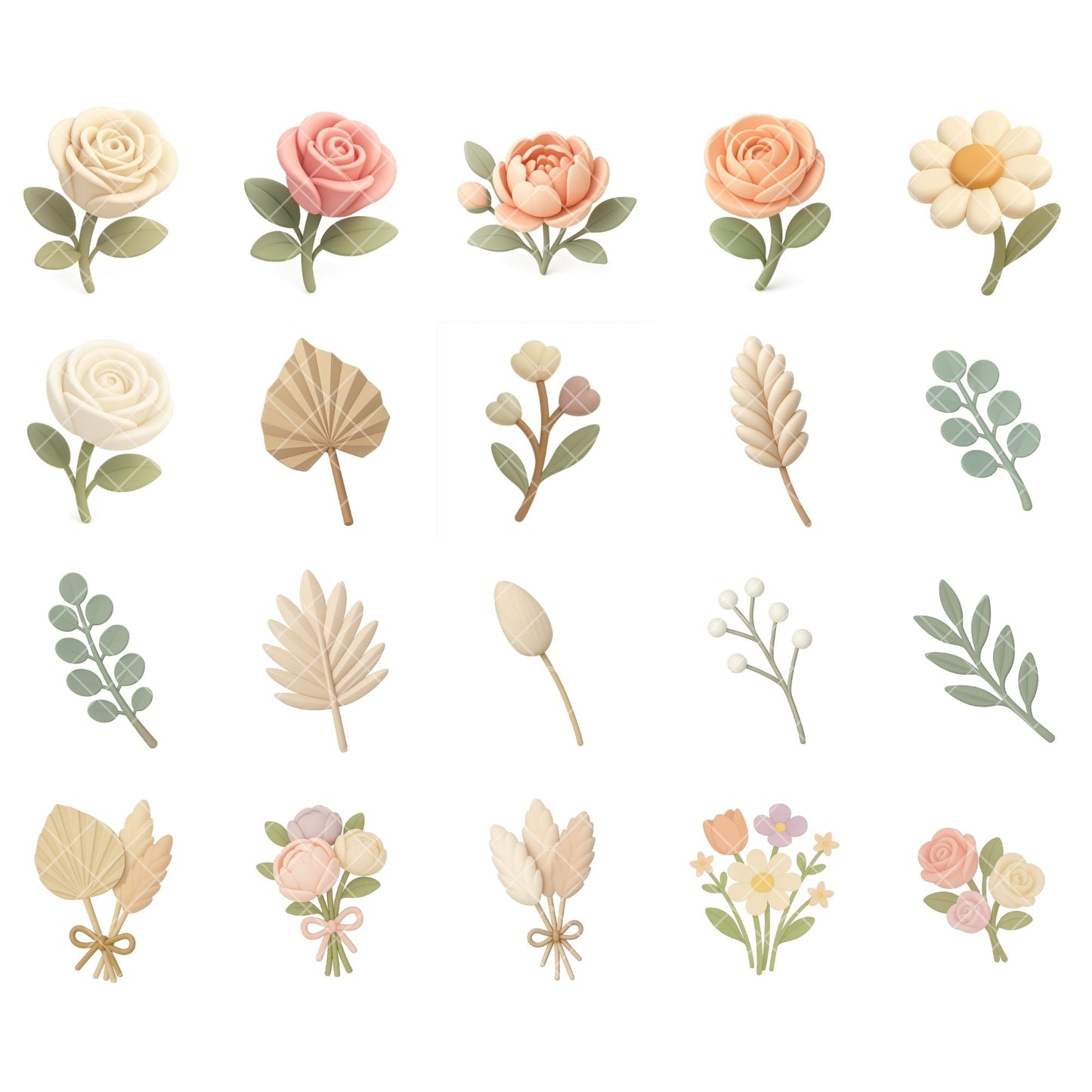 Boho Floral 3D Clipart PNG | Neutral Flower Graphics | Wedding Invitation Flowers | Boho Branding Elements | Commercial Use
