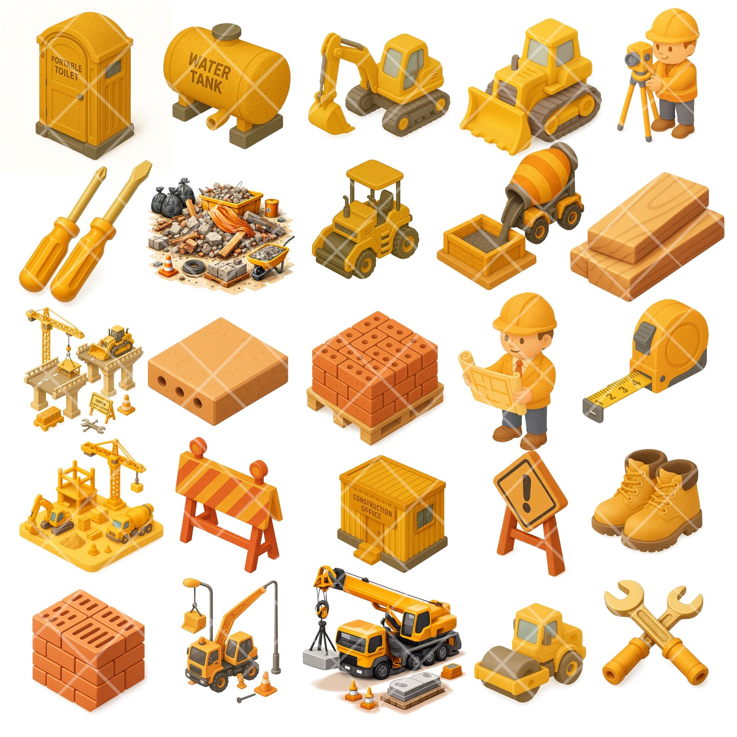 Construction Site 3D Isometric Clipart PNG | Heavy Machinery & Builder Tools | Kids Construction Graphics | Educational Clipart | Commercial Use