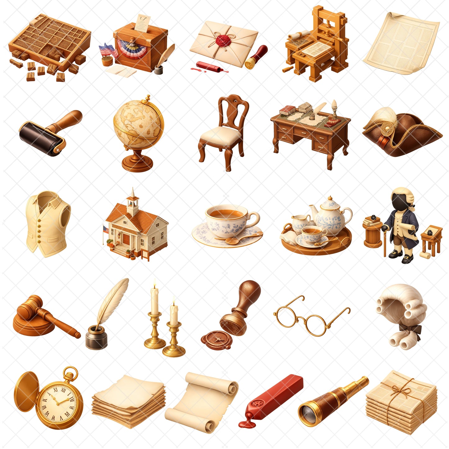 Founding Father Clipart Bundle – Colonial Desk, Documents & Printing Press PNG, US History Classroom Graphics, Patriotic 3D Art, 54 PNG