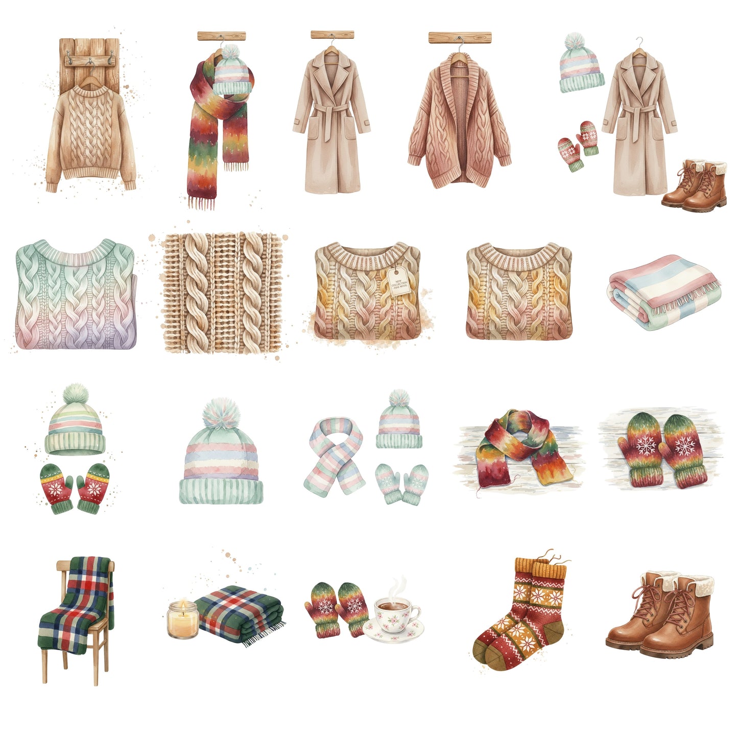 Hygge Winter Watercolor Clipart – Cozy Lifestyle PNG Bundle | Sweaters, Hot Cocoa, Books, Winter Fashion Art
