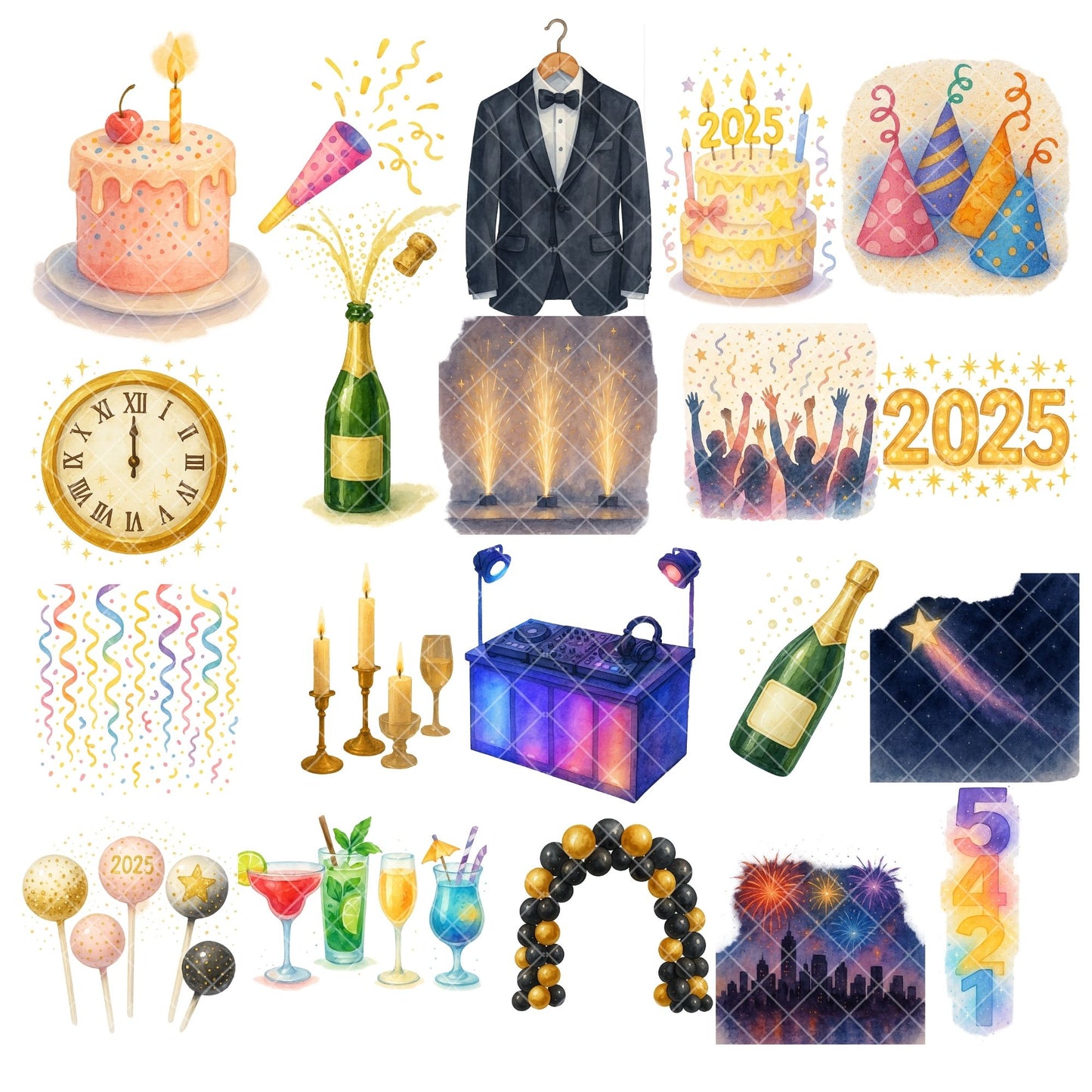 New Year Party Watercolor Clipart – 2025 Celebration PNG Set, Champagne Balloons Fireworks, New Years Eve Clipart, 59 PNG Files