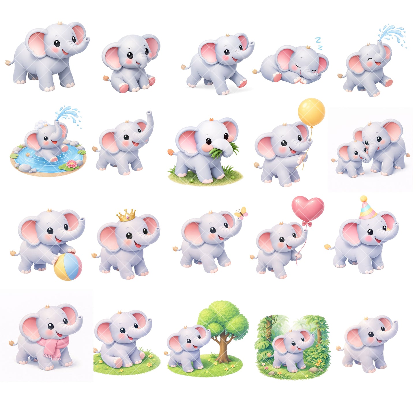 Cute Elephant Clipart PNG Bundle – 50 Baby Elephant 3D Isometric Graphics for Nursery Decor & Sublimation