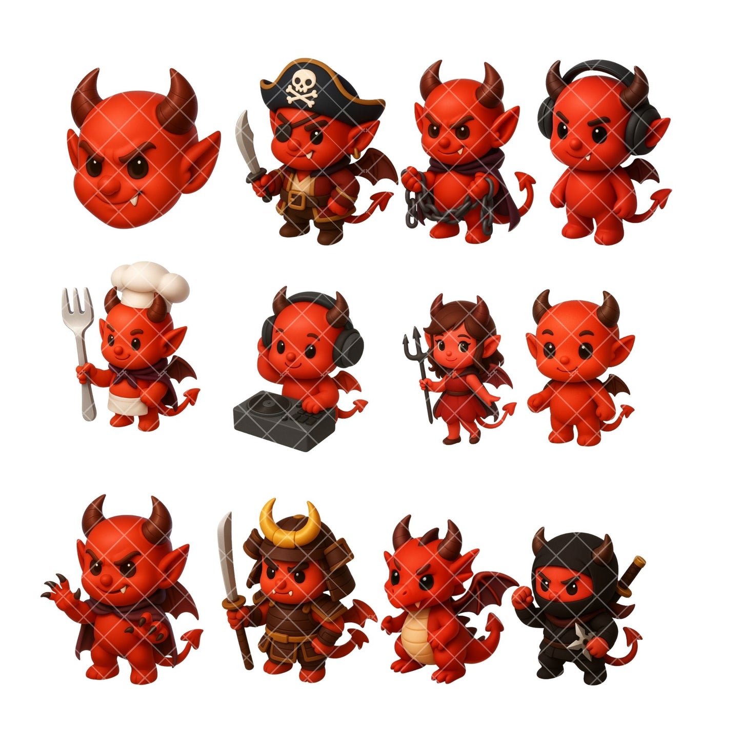 Cute Devil Demon 3D Clipart – Kawaii Halloween Demon PNG Bundle (50 Files)