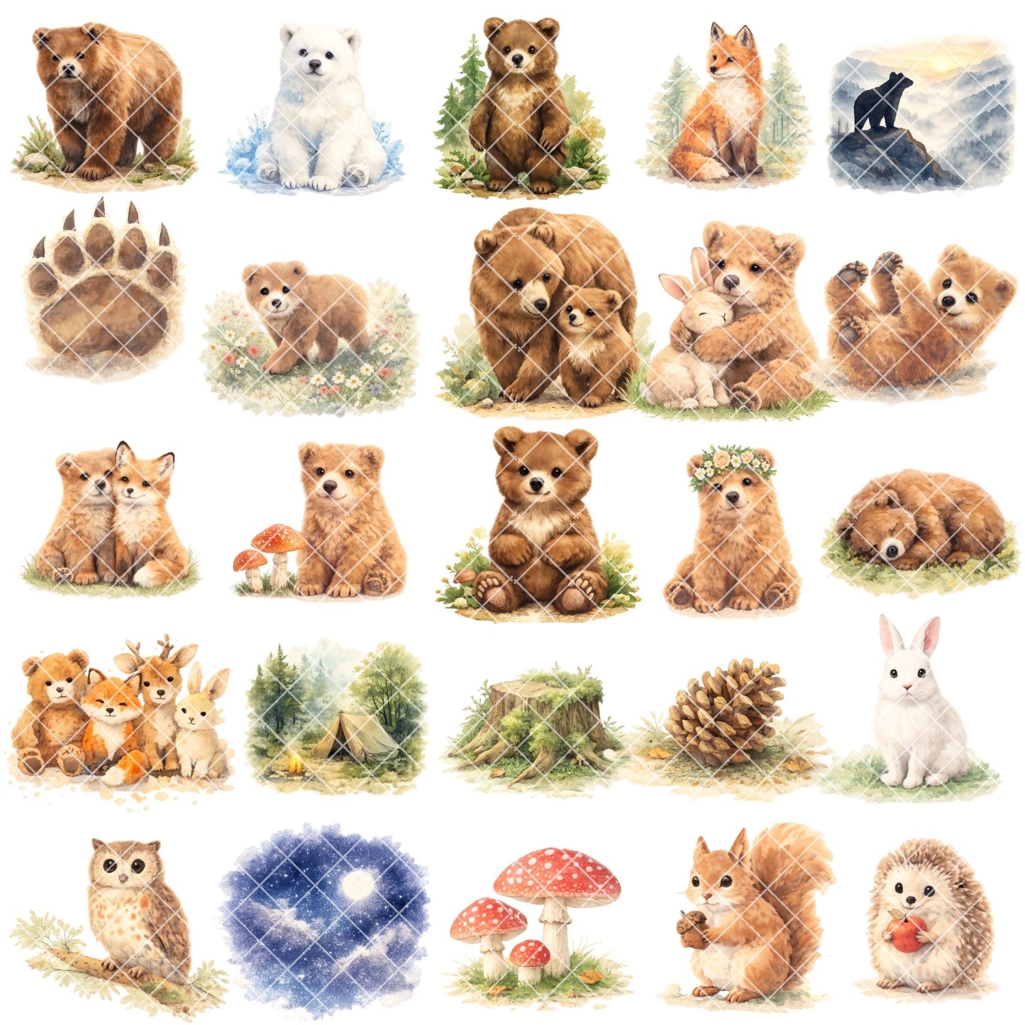 Woodland Bear Clipart Bundle – 52 Watercolor Forest Animals PNG | Nursery & Baby Shower Art