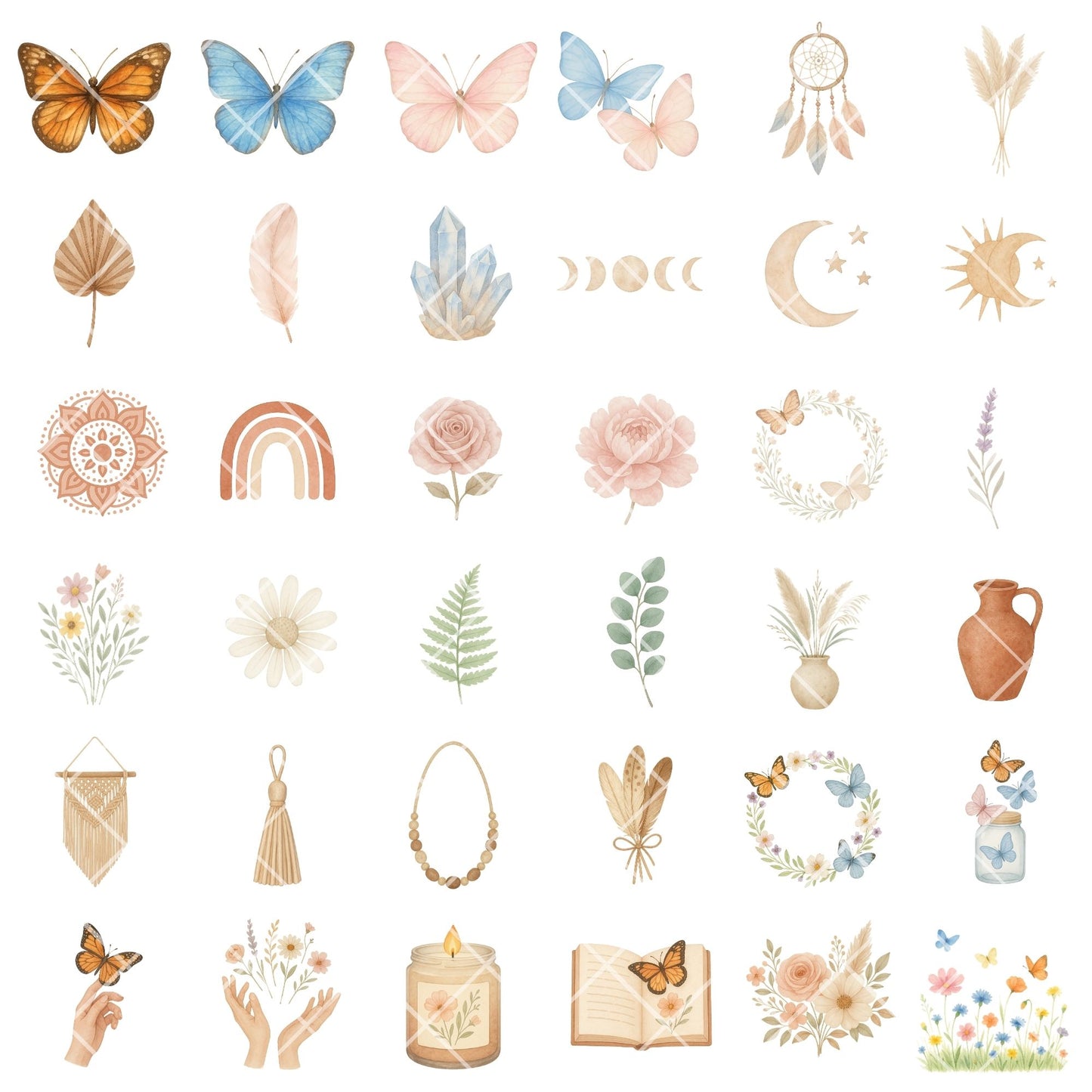 Boho Butterfly Watercolor Clipart PNG | Bohemian Garden Florals | Spiritual Boho Art | Butterfly PNG Bundle | Commercial Use