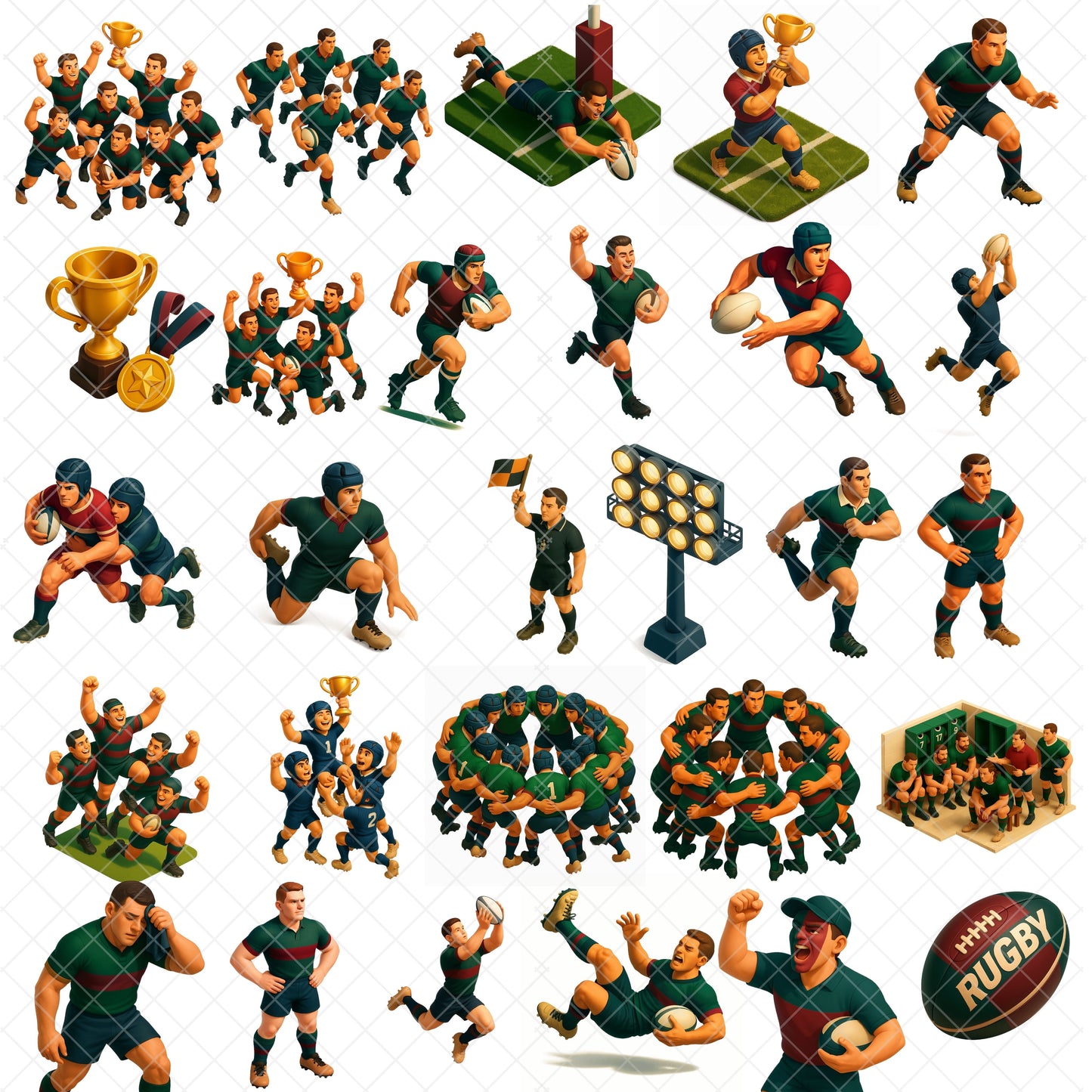 Rugby 3D Clipart Bundle – Rugby Players in Action PNG, Sports Team Graphics, Balls, Helmets & Victory Poses, 70 PNG