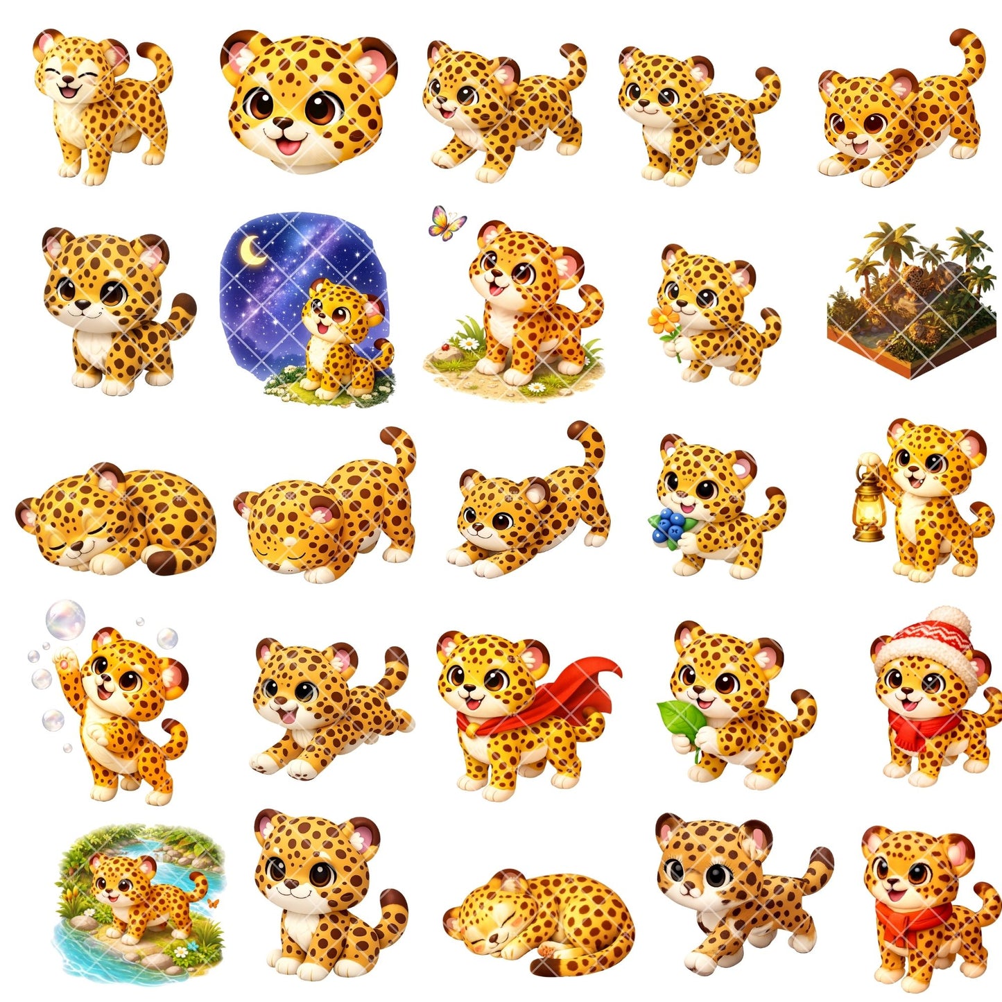 Cute Leopard 3D Clipart – 40 Baby Leopard PNGs – Jungle Nursery Animal Graphics for Sublimation & Kids Crafts