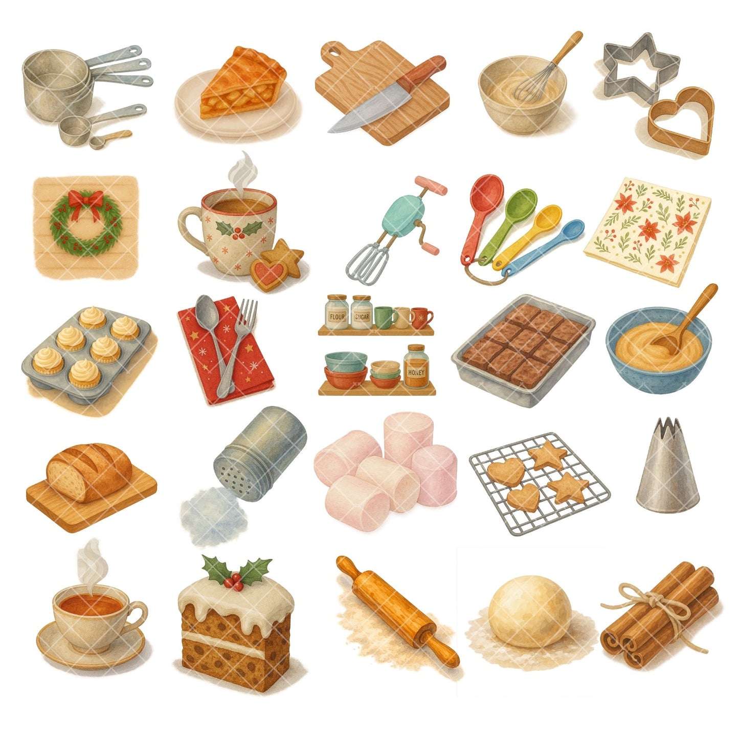 Christmas Baking Watercolor Clipart – Holiday Kitchen PNG Set, Festive Baking Illustrations, Christmas Food Clipart, 60 PNG Files
