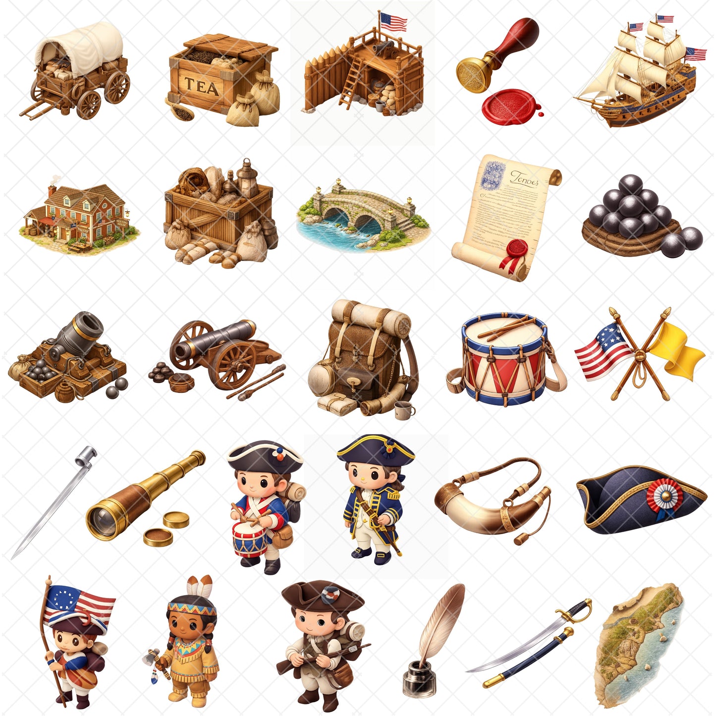 American Revolution Clipart Bundle – Colonial Soldiers, Flags & Camps PNG, US History Classroom Graphics, Educational 3D Art, 59 PNG