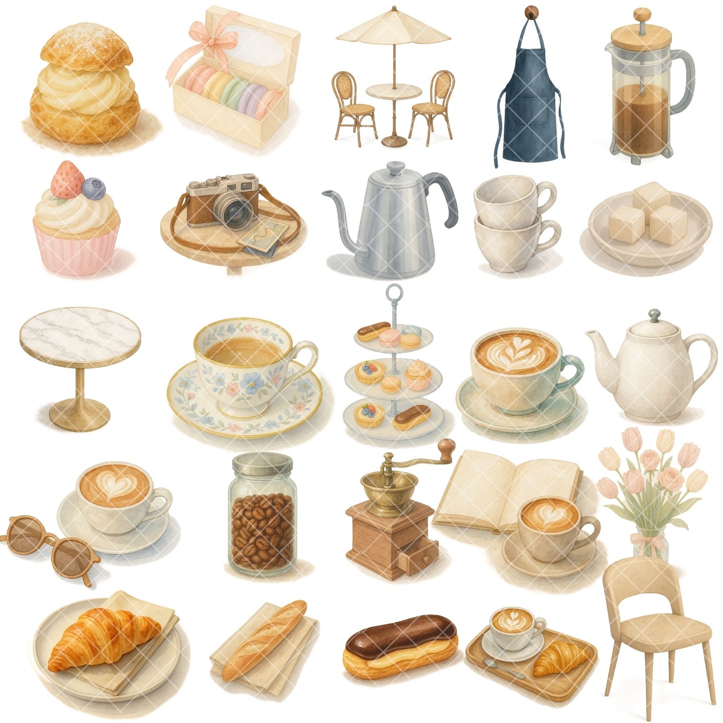 Watercolor European Cafe Clipart – Coffee & Croissant PNG Set, Paris Cafe Pastry Illustrations (53 Files)