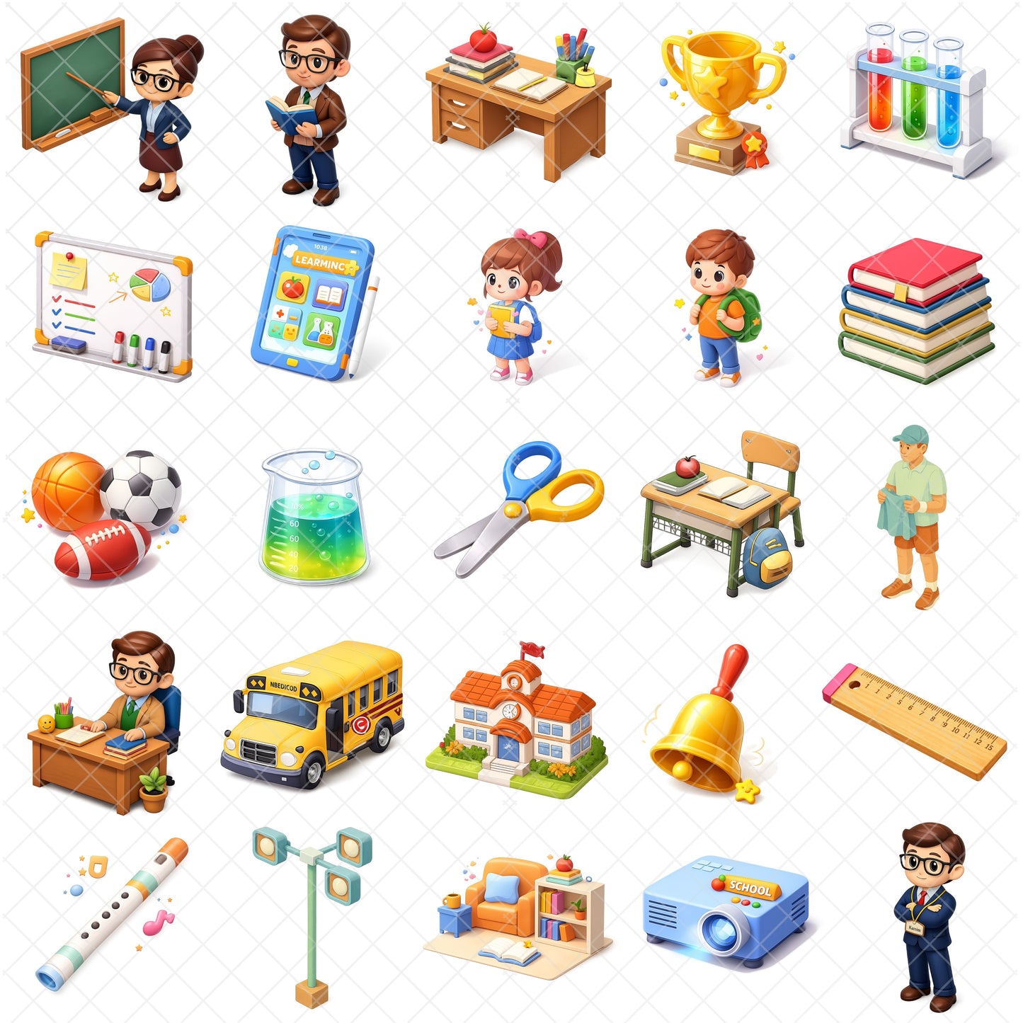 Teacher and School 3D PNG Clipart Bundle, Classroom Graphics, Students & Supplies, Back to School Art, Planner Stickers, Commercial Use, 49 PNG