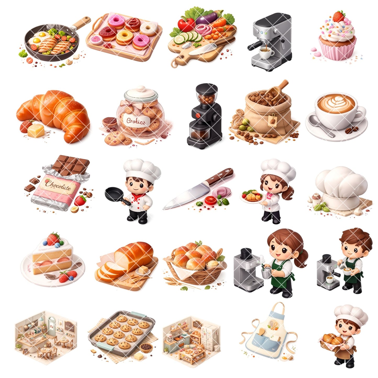 Chef and Barista PNG Clipart, Bakery & Cafe Isometric Graphics, Cute Kitchen Art, Recipe Cards, Stickers, Commercial Use, 50 PNG