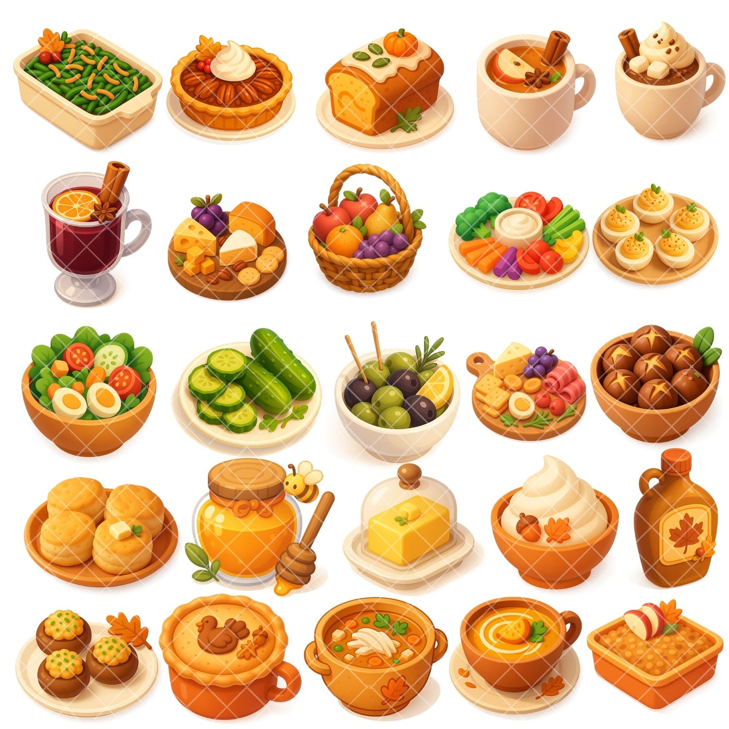 Thanksgiving Feast Clipart Bundle – 3D Autumn Food PNG Set, Fall Dinner Illustrations, Thanksgiving Food Clipart, 54 PNG Files