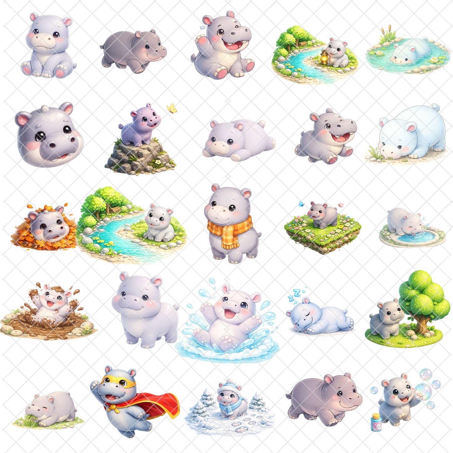 Hippo 3D Clipart PNG Bundle – 44 Cute Jungle & Safari Baby Hippo Graphics for Nursery & Kids Crafts