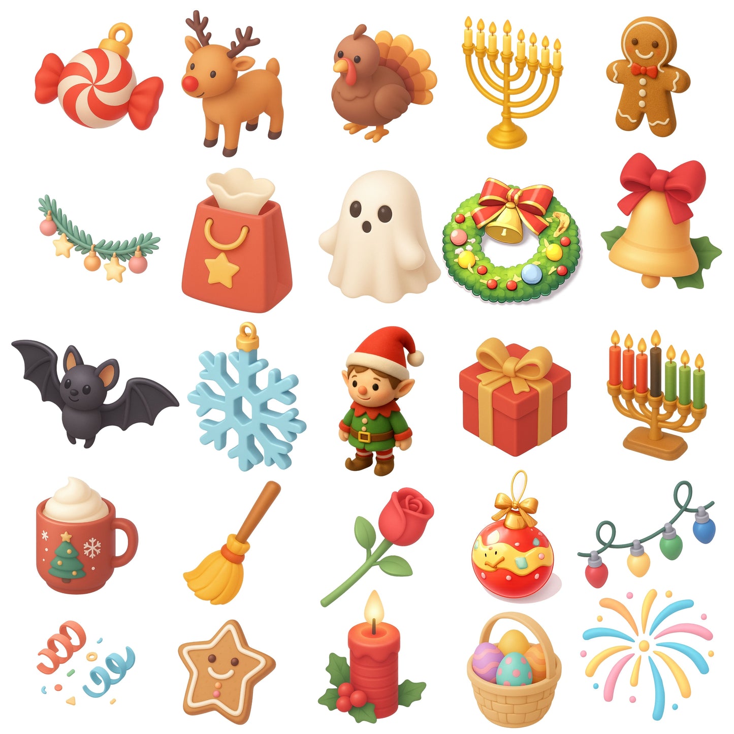 Holiday 3D Clipart PNG Bundle – 54 Seasonal Isometric Icons for Christmas, Halloween & More