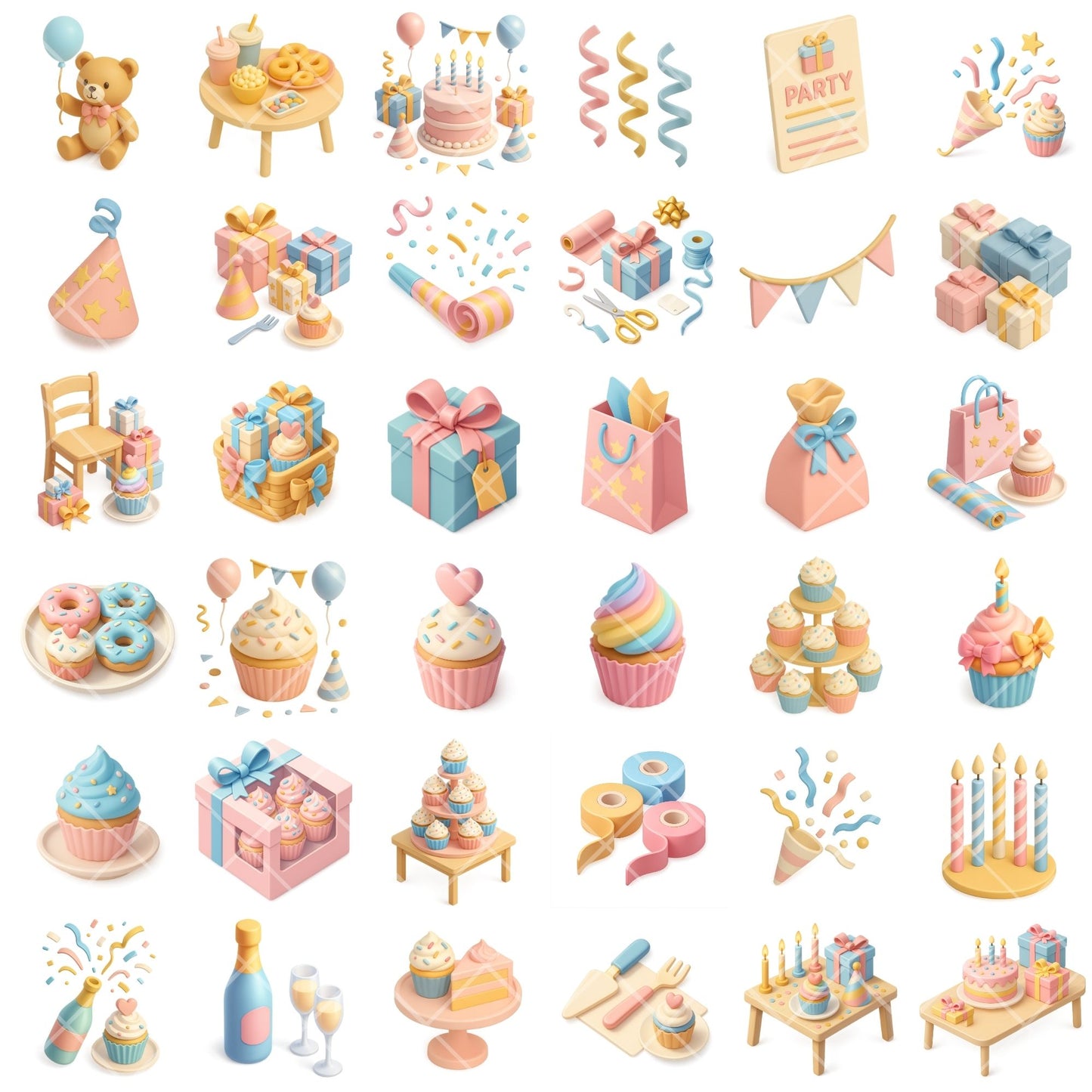 Birthday Party Clipart PNG | Cake Balloons Gifts | Pastel Birthday Decor | Party Invitation Clipart | Commercial Use