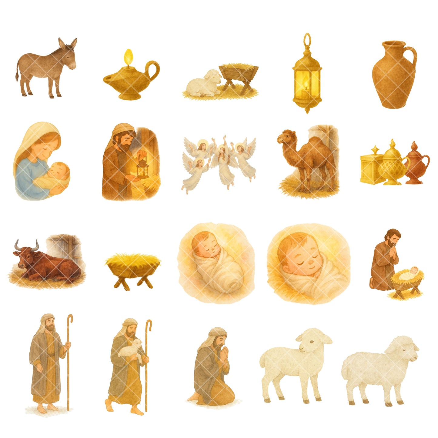 Nativity Scene Clipart PNG Bundle – 60 Jesus Birth Watercolor Graphics (Christian Christmas Digital Download)