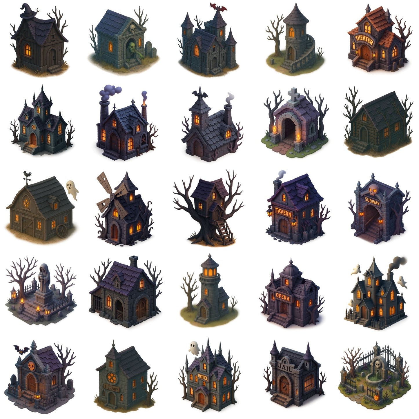 Halloween Haunted Houses Clipart, 3D Gothic Architecture PNG Bundle, Spooky Buildings Village Set (60 PNG)