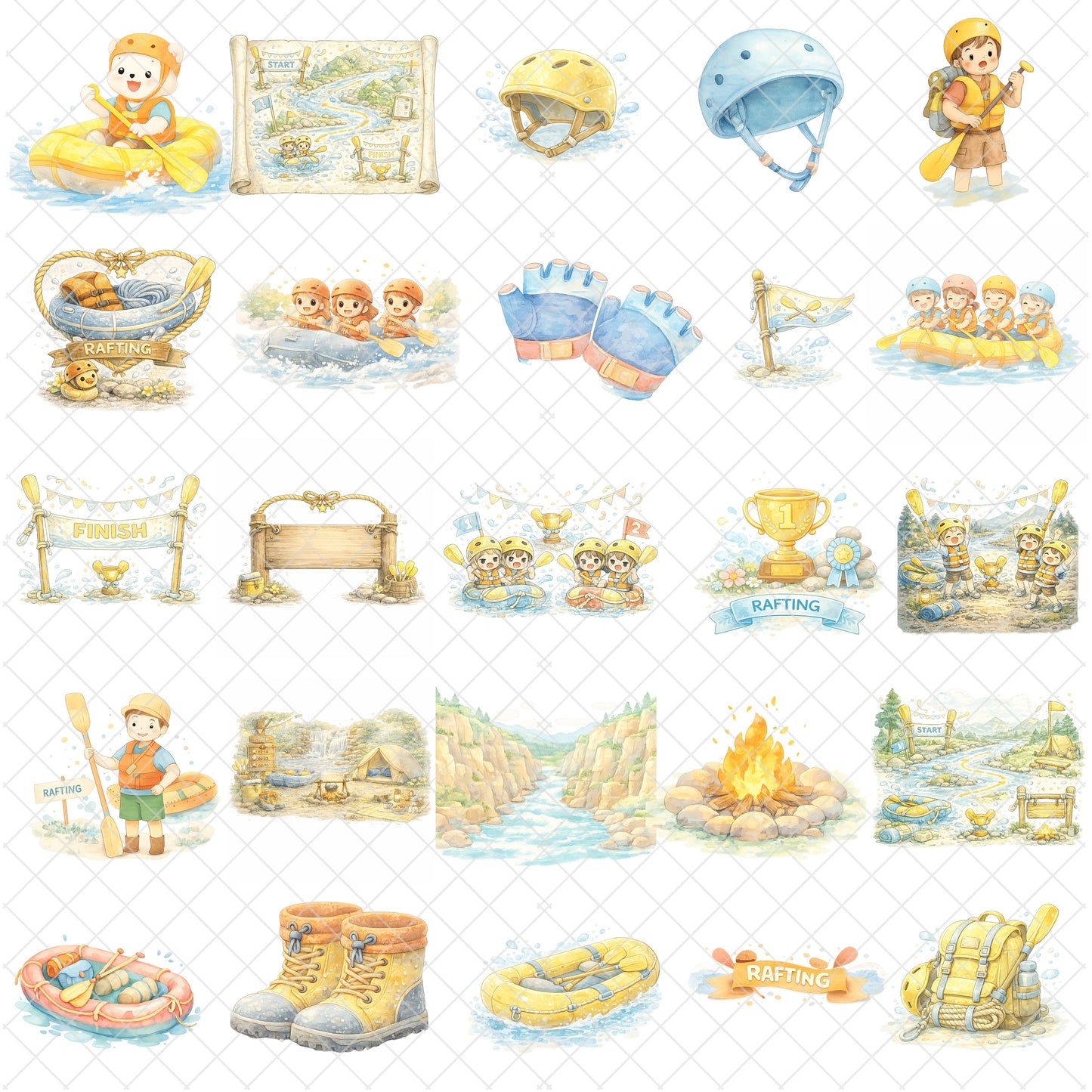 Rafting Watercolor Clipart – Outdoor Adventure PNG, Kids Camping & River Rafting Illustrations for Travel Journals, Invitations & Crafts (51 PNG)