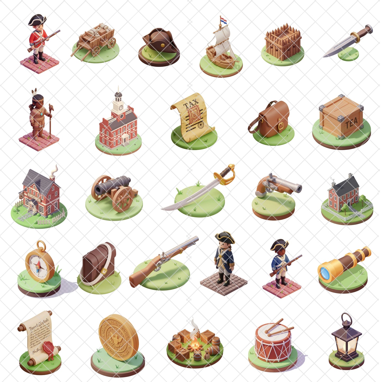 American Revolution 3D Clipart PNG Bundle – 60 Colonial War & Independence History Graphics