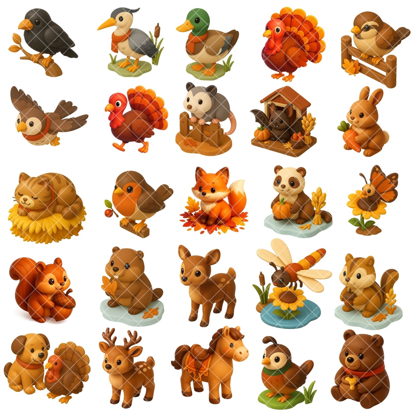 Thanksgiving Animal Clipart, Autumn Harvest PNG Bundle, Cute Fall Animals Pumpkins Leaves, Cozy 3D Art (56 PNG)